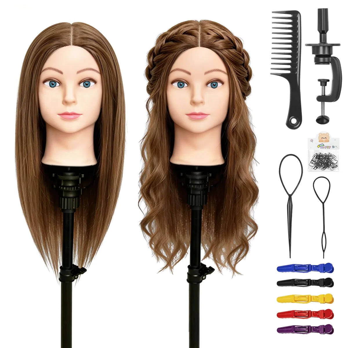 Yofuly 20Zoll/50cm Frisierkopf, 100% Echthaar Übungskopf, Frisieren Trainingsköpfe Puppenkopf Friseur Mannequinkopf mit Tischklemme + DIY-Zopfset (Braun)