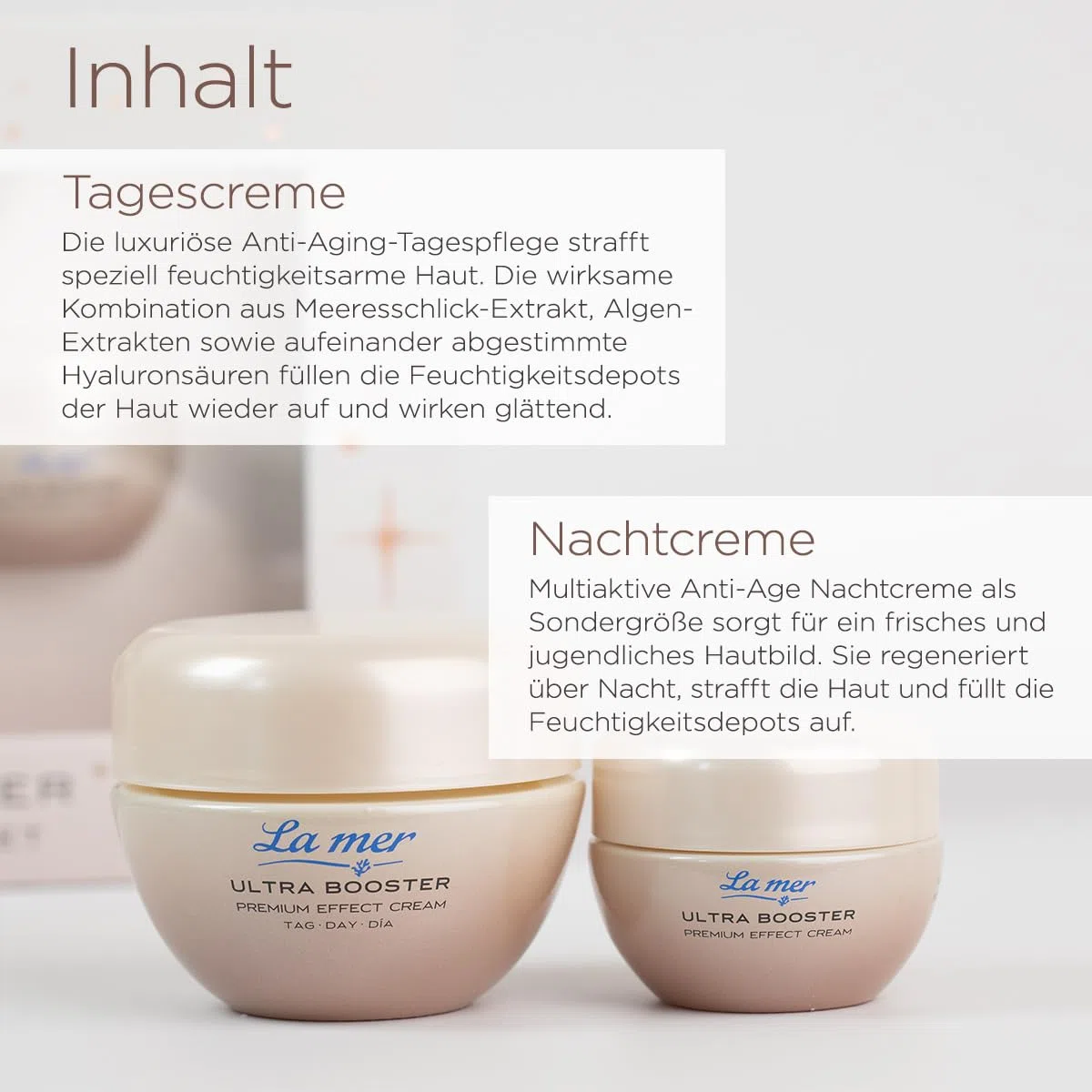 La mer Ultra Booster Premium Effect Set | Tagescreme 50 ml | Nachtcreme 15 ml | Spendet Feuchtigkeit | Meeresschlick & Algen-Extrakten | Regeneriert