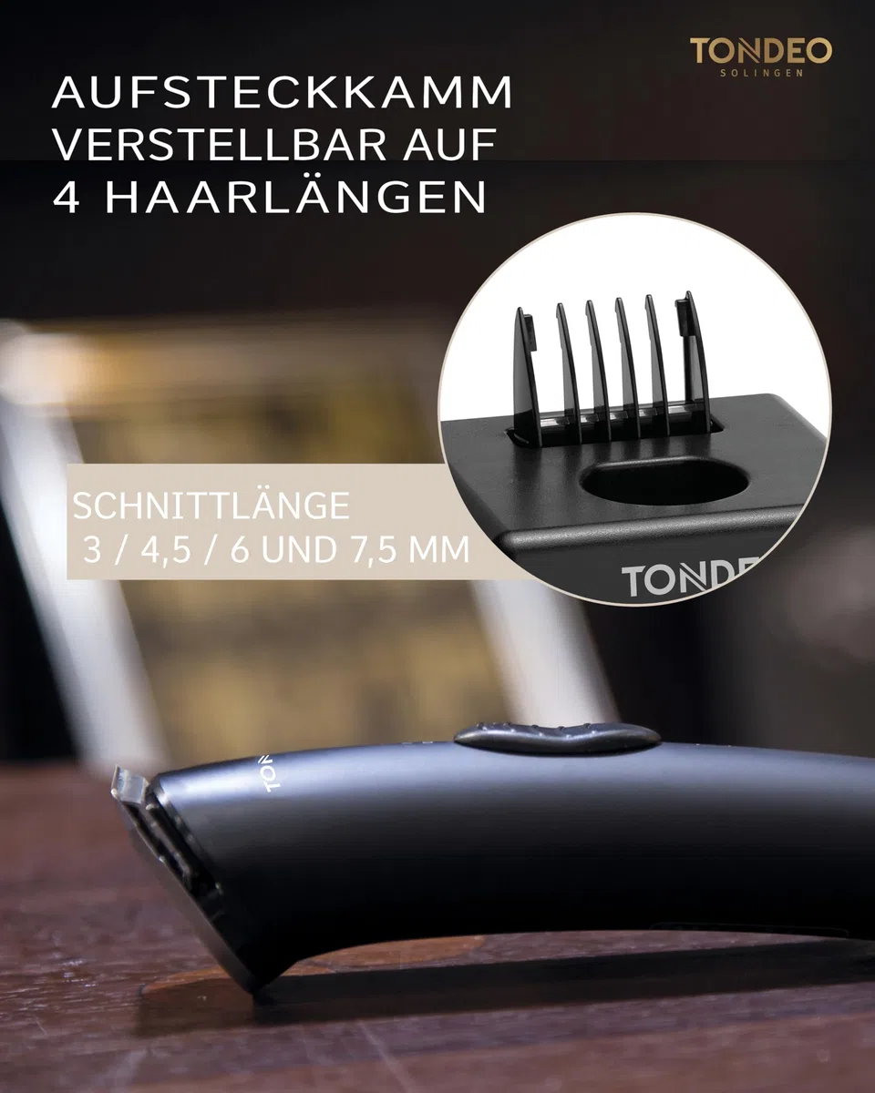 TONDEO Haarschneidemaschine ECO S PLUS schwarz Profi Trimmer mit Ladestation und Aufsteckkamm 3-7,5 mm
