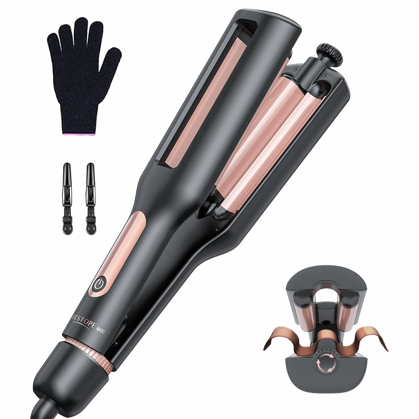 4 In 1 Einstellbar Welleneisen für Haare - 22/25/32/38mm Lockenstab für Beach Waves/Natürlich Wellen/Wasserwellen/Mermaid Waves, Anzeige, 4 Temperaturen(140-210°C), 3 Fässer Welleneisen, Schwarz Rose