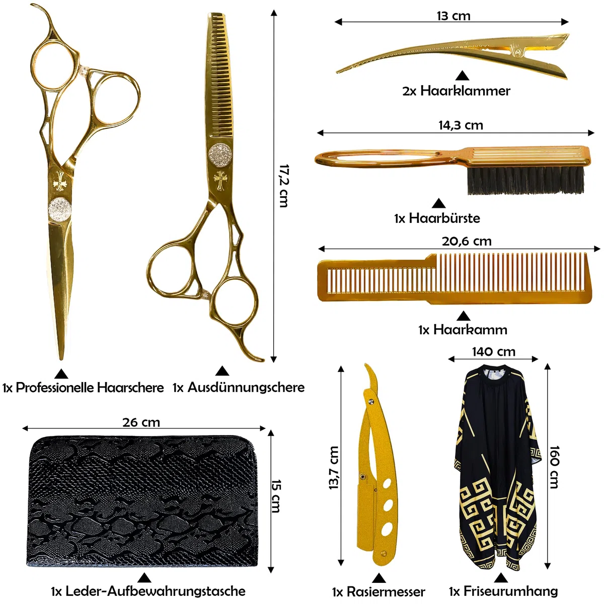 WR CASTLE Home Friseur Set Profi Komplett⏐ Haarschneideschere ⏐ Haarklammern ⏐ Bürste ⏐ Kamm ⏐ Rasiermesser ⏐ Umhang ⏐ Ledertasche