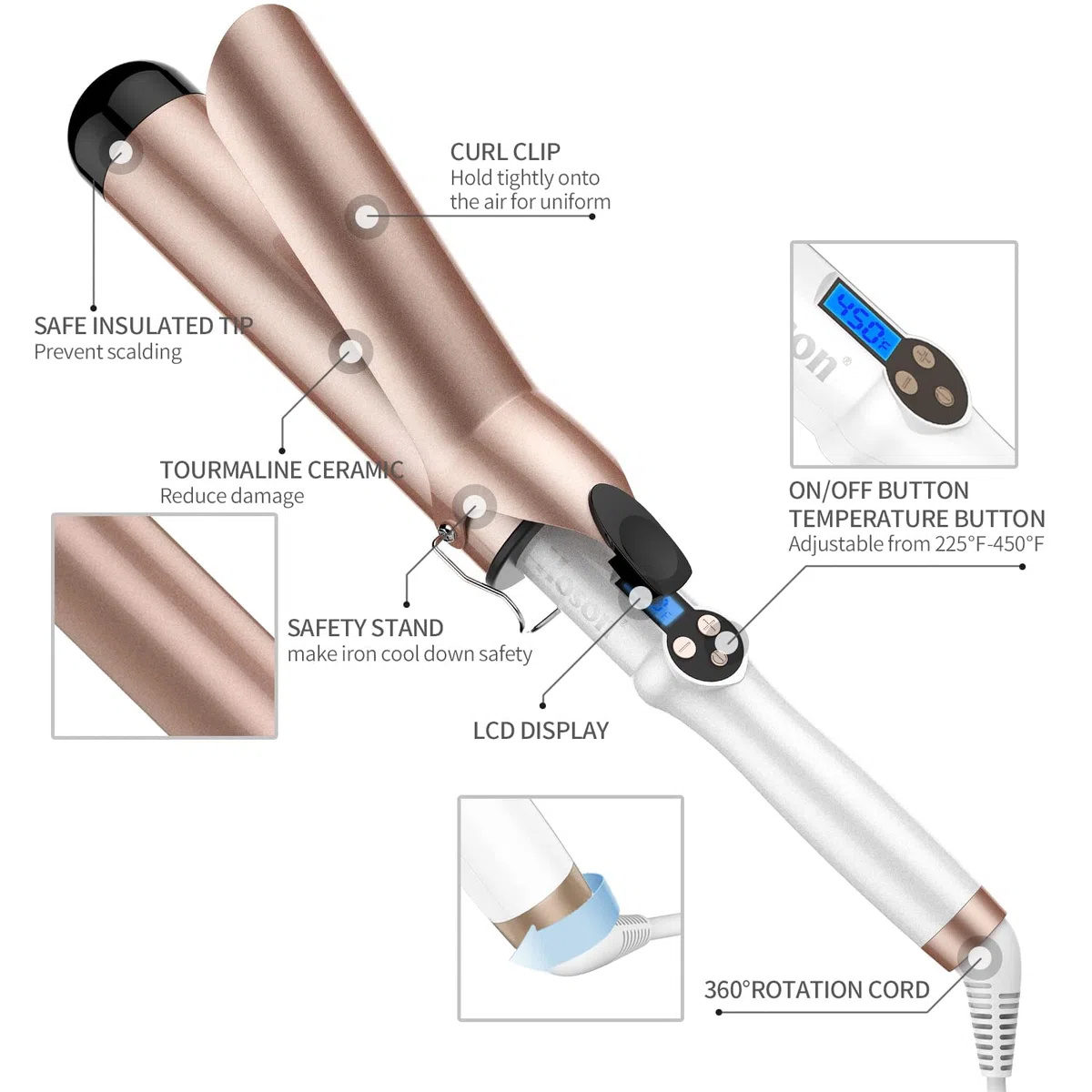 Hoson 50mm Lockenstab Pro Curl, Keramik Turmalin Beschichtung Lockenstab, LCD Display 9 Hitzeeinstellung 110 ℃ -210 ℃ mit Handschuh für alle Haartypen