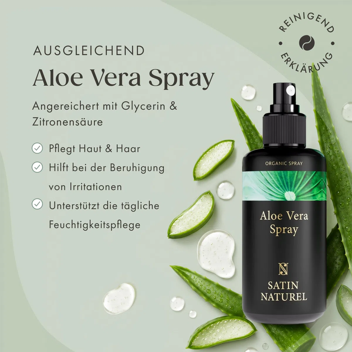 Satin Naturel Bio Aloe Vera Spray 200 ml – 100% Vegan & Naturkosmetik – Aloe Vera Spray mit Hyaluron & Panthenol – After Sun & Feuchtigkeitspflege für Gesicht & Körper