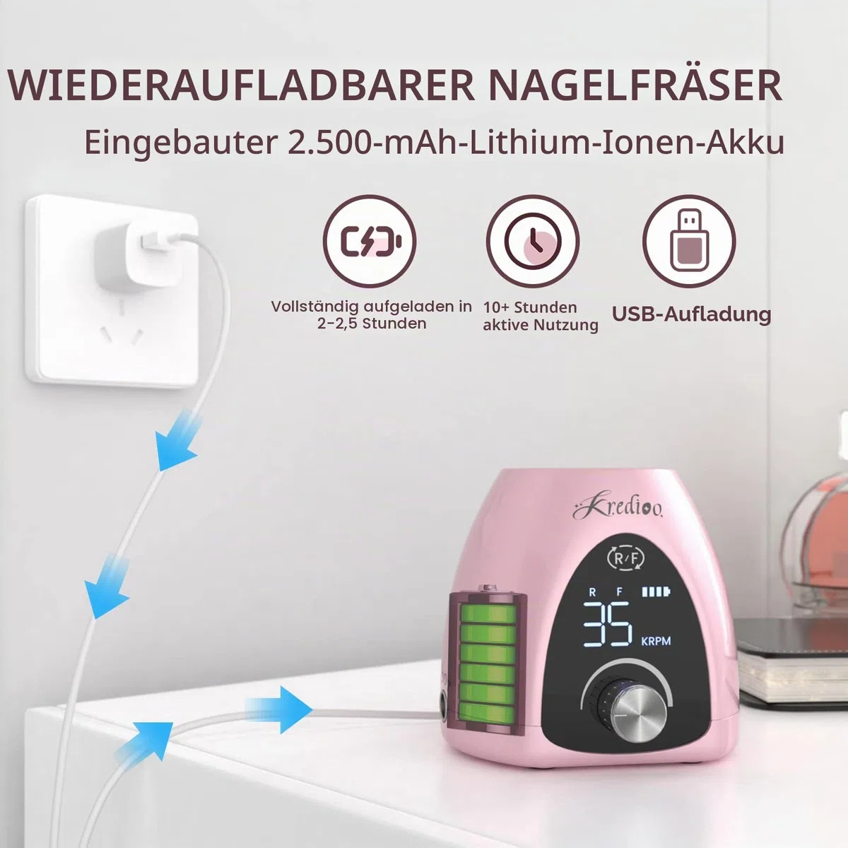Nagelfräser für Gelnägel Aufladbare Elektrische Nagelfeile 35000 U/min Fräser mit LED Display & Fußpedal und 6 in 1 Bit USB Maniküre Pediküreset Elektrisch für Salon und Anfänger