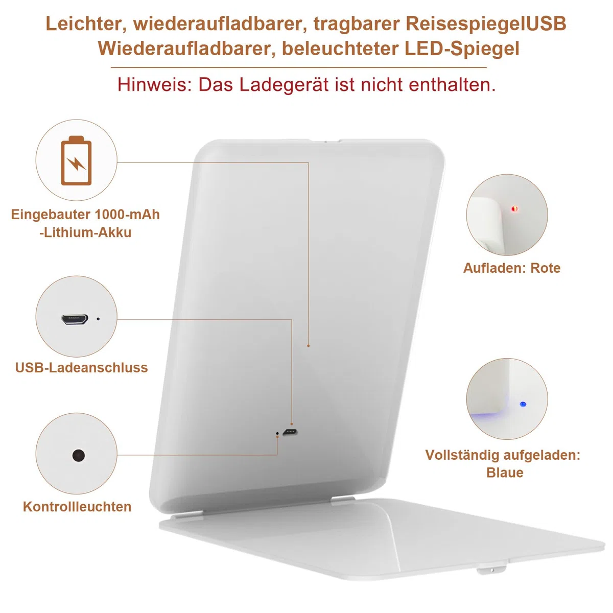 FASCINATE Kosmetikspiegel mit Beleuchtung, Wiederaufladbarer LED Schminkspiegel mit 3 Lichtfarben, Vergrößerungsspiegel Helligkeit einstellbar
