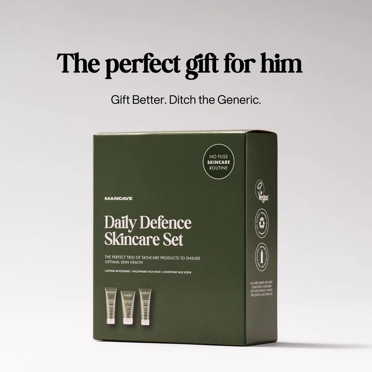 ManCave Gesichtspflege Set Herren 3-Teilig - Geschenkset Männer mit Waschgel, Peeling & Feuchtigkeitscreme - Natürliche Hautpflege Männer - Vegan - Pflegeset Geschenk