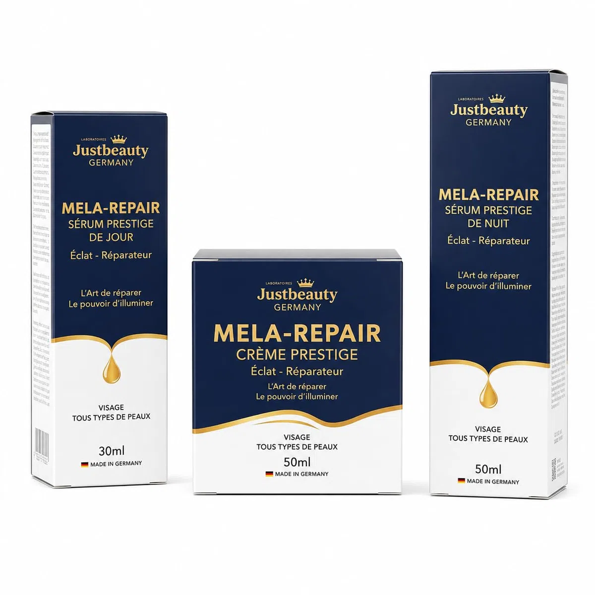 JustBeauty Germany MELA REPAIR Trio Gesichtspflege Intensiv Anti-Flecken – Tag-Serum 30 ml, Nacht-Serum 50 ml & Creme 50 g, Hyperpigmentierung, Melasma, braune Flecken, leuchtender und ebenmäßiger