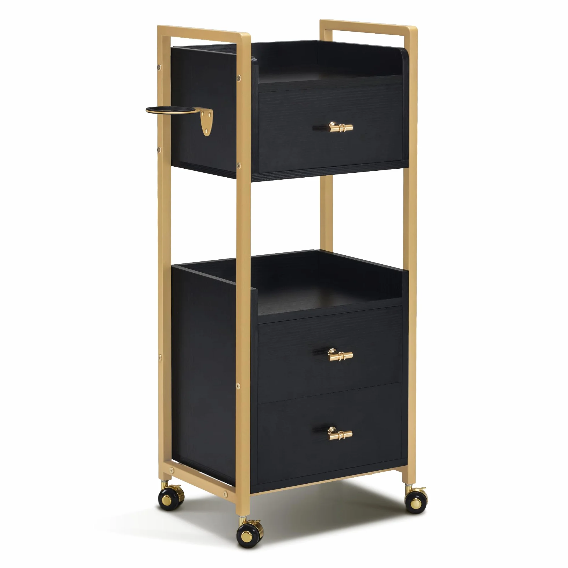M MCombo Friseurwagen mit Rollen & 3 Schubladen, Rollwagen Servierwagen, Salon Trolley, 30x40x95cm, Schwarz-Gold
