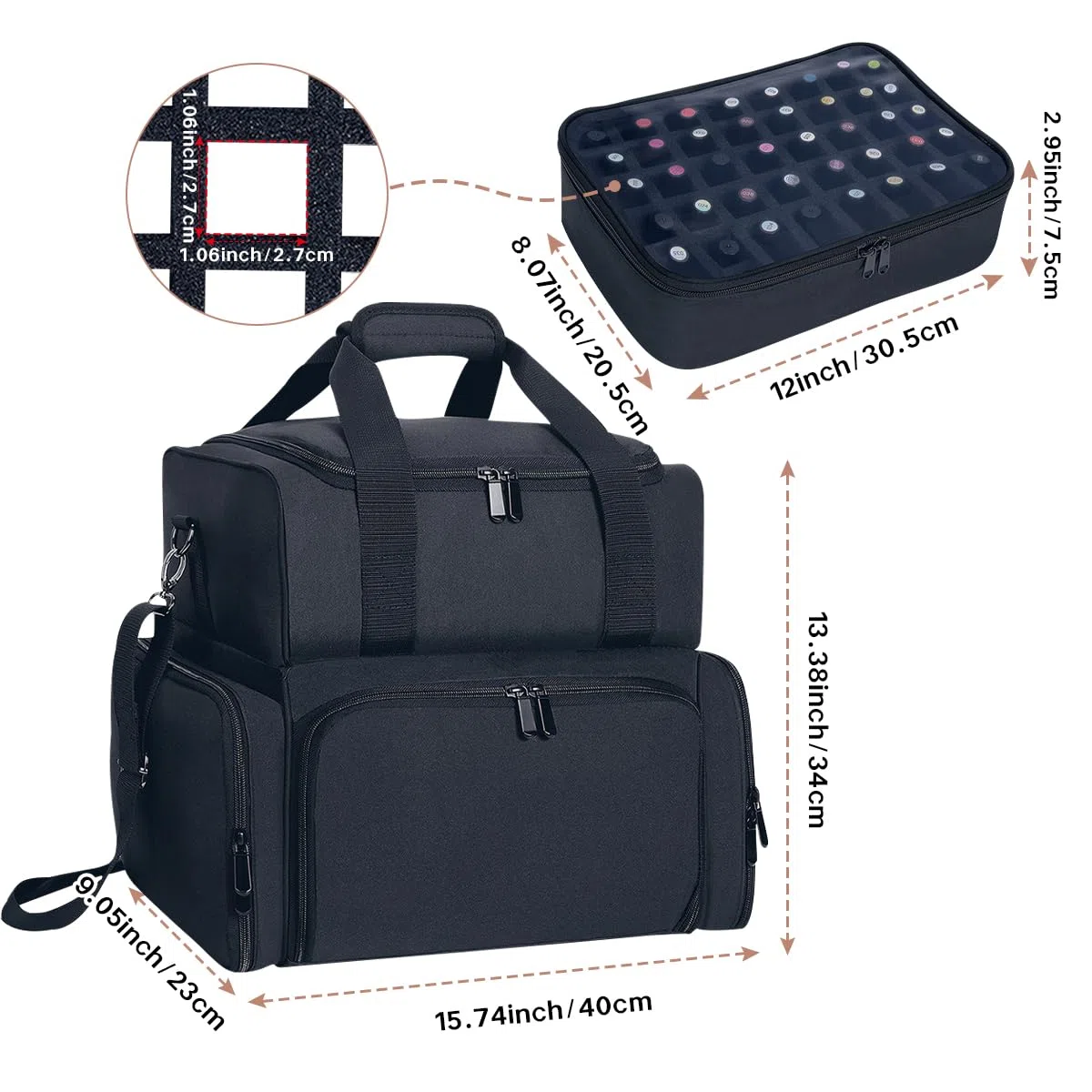 Nagellack Organizer Nagellack Aufbewahrung hält 80 Flaschen (15ml - 0,5 FL.oz) und eine Nagellampe, Nagellack Tasche mit 2 abnehmbaren Taschen und Werkzeugen Aufbewahrungsbereiche,Schwarz