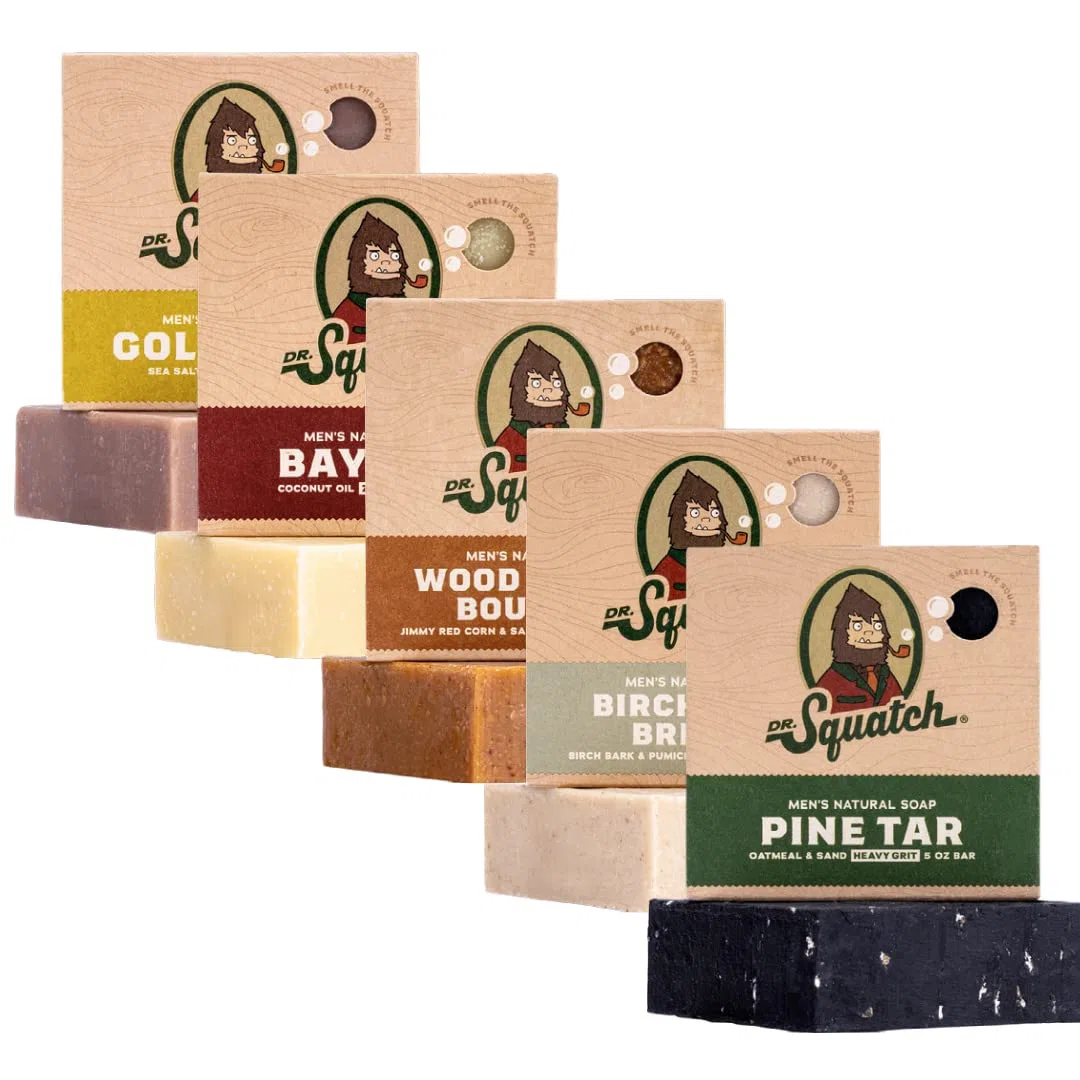 Dr. Squatch Natürliches Seifenstück für Männer, 5er-Pack - Lorbeer-Rum, Birkenholzbrise, Goldmoos-Peeling, Kiefern-Teer, Holzfass Bourbon
