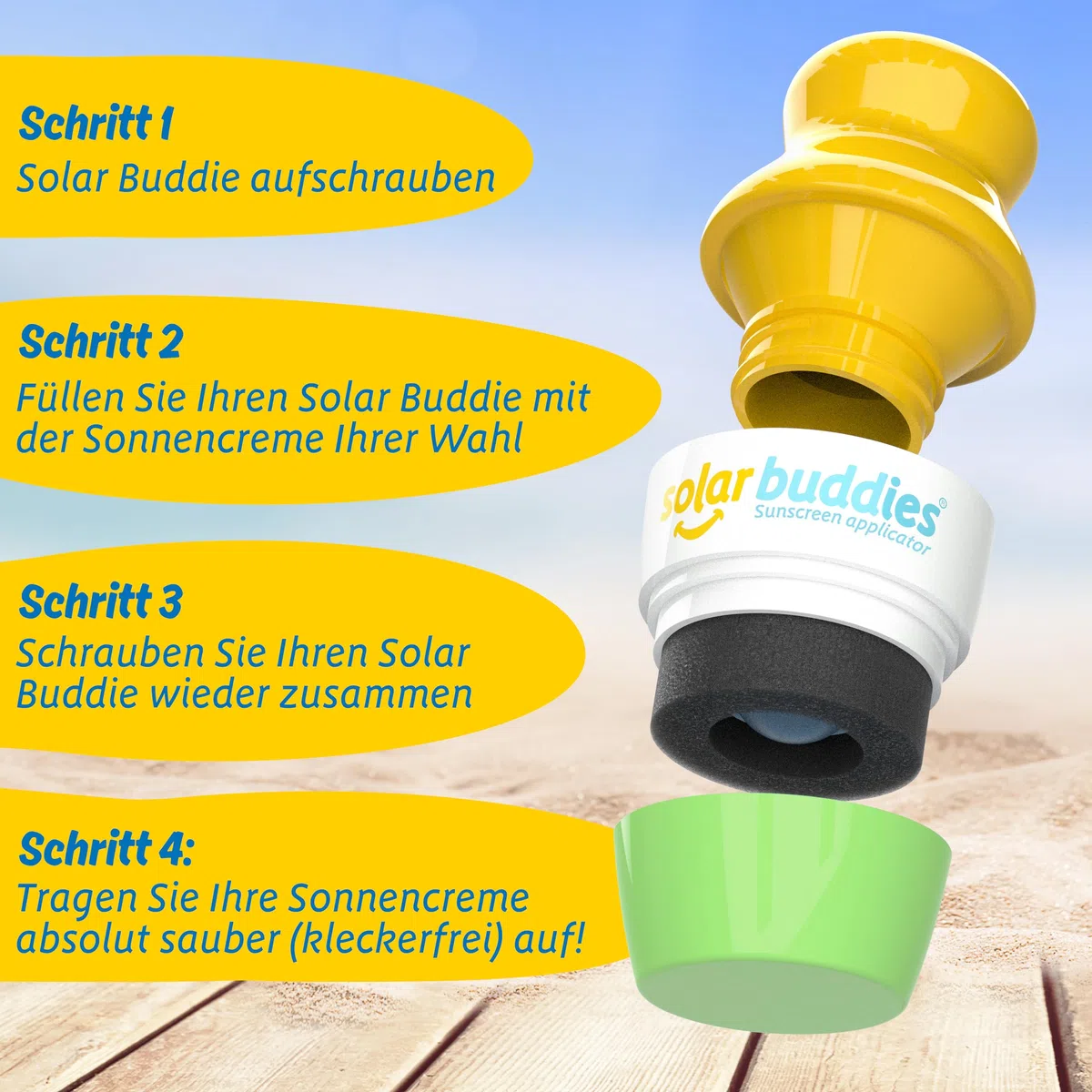 Solar Buddies Nachfüllbarer Roll-on Schwammapplikator für Sonnencreme 100ml Pink Blau Grün