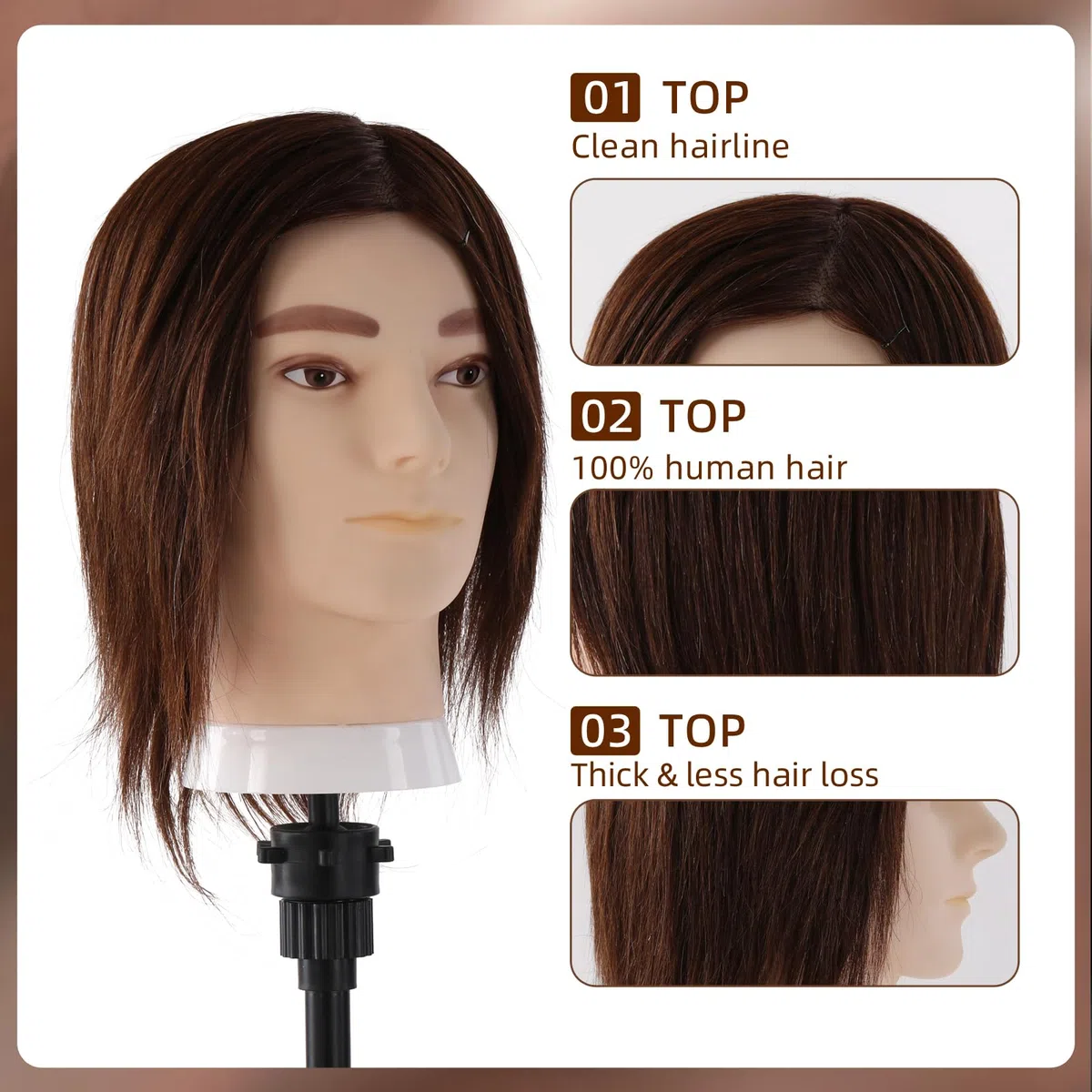 Mann Frisierkopf 100% Echthaar, Frisurenkopf Männlicher Haarschnitt Übungskopf mit Haar, Friseur Kopf Mannequin Head Puppenkopf mit Tischklemme und Kammgarnitur