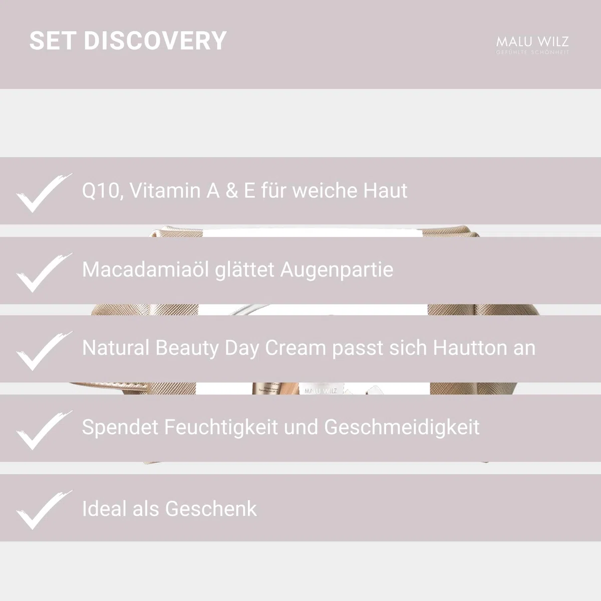 Malu Wilz Discovery Pflegeset - Beauty Set mit Q10 Energizer, Eye Control Cream und Natural Beauty Day Cream, Hochwirksame Gesichtspflege mit Anti Aging Effekt