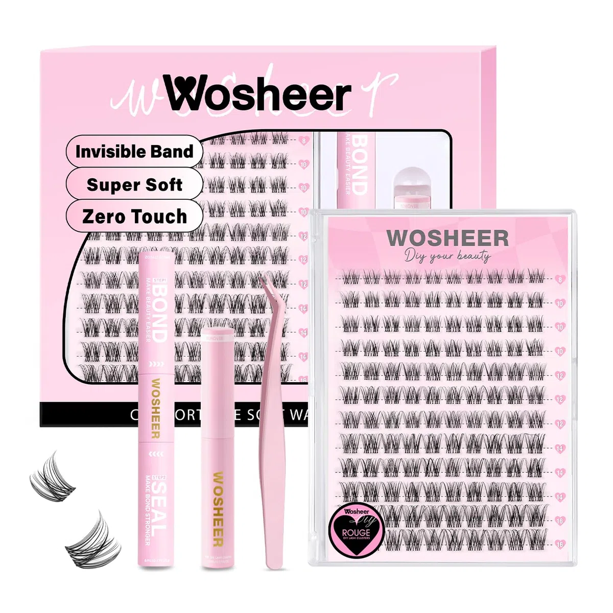 Wimpern Extensions Set, Lash Cluster Set, Wispy Natürliche Wimpern Cluster, D Curvature Diy Künstliche Wimpern with Bond and Seal & Remover (8-16mm, Rougee Set)