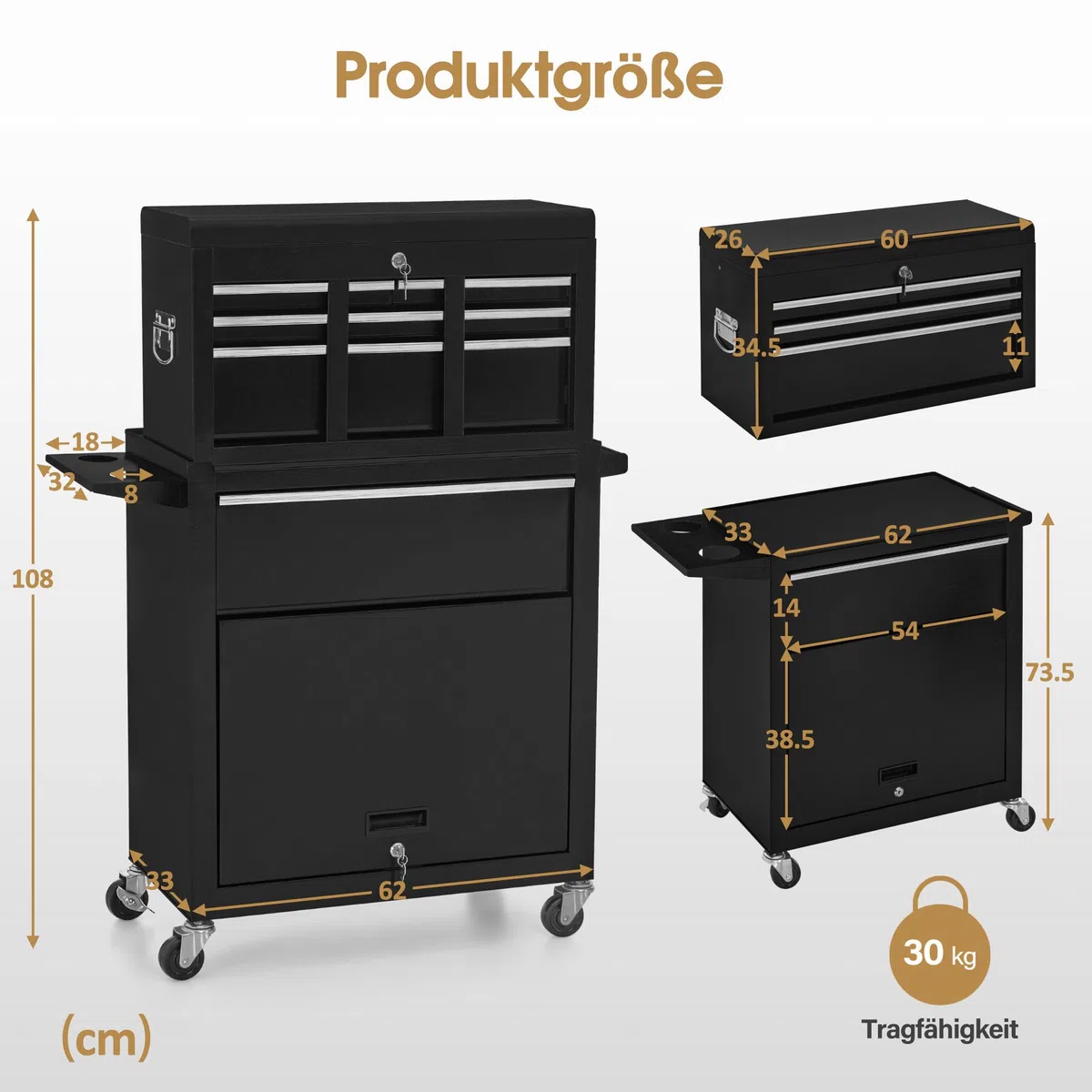 BarberPub 2 in 1 Friseurwagen mit 5 Schubladen & Schrank, abschließbar, Metall, Schwarz-Silber