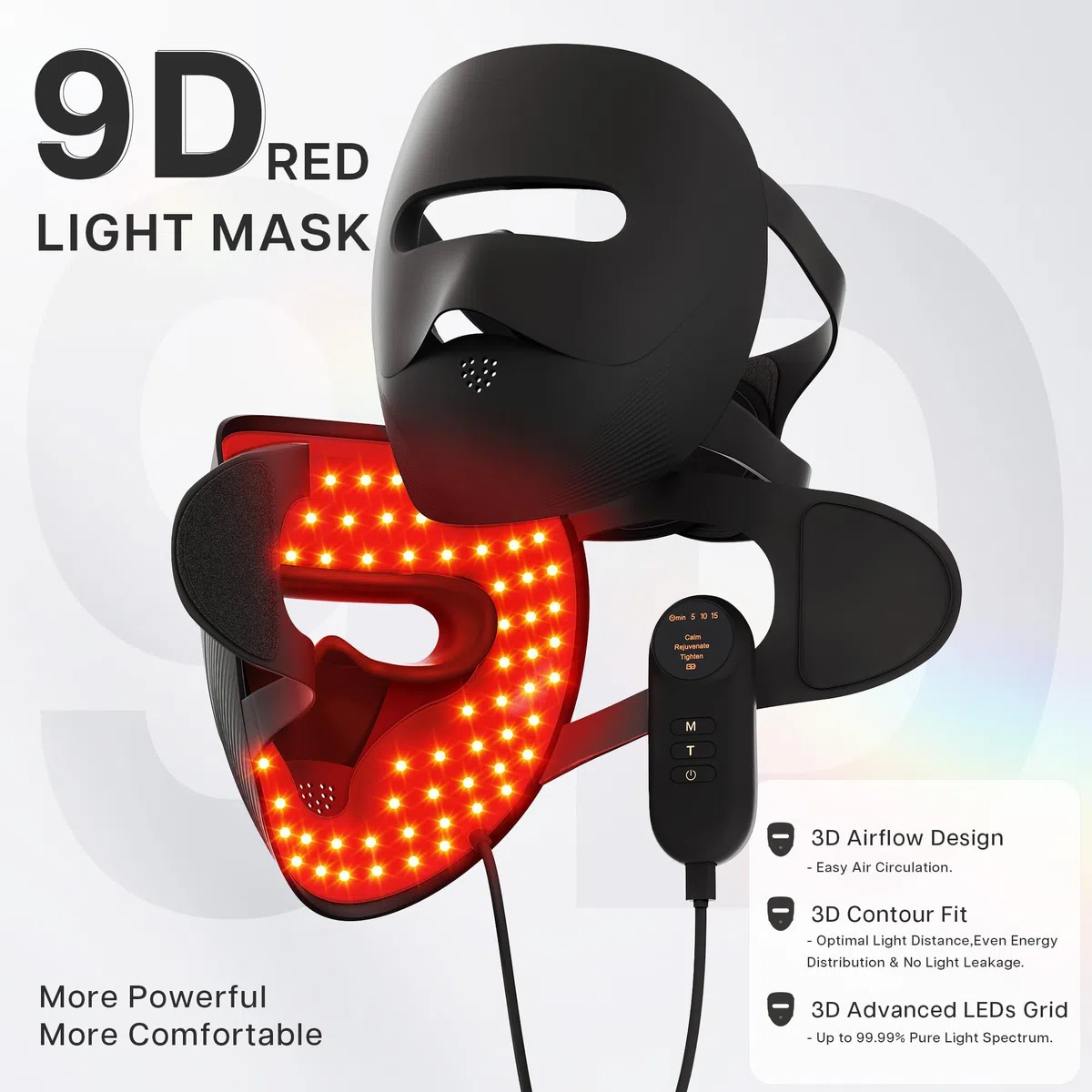 VRAIKO 9D LED Gesichtsmaske | Rotlicht Maske Gesicht mit 4 Modi, 328 LEDs, 3D Airflow Design & Light-Lock für Ultra-komfortables Gesichts-Spa | Premium Beauty Geschenke für Frauen Männer (schwarz)