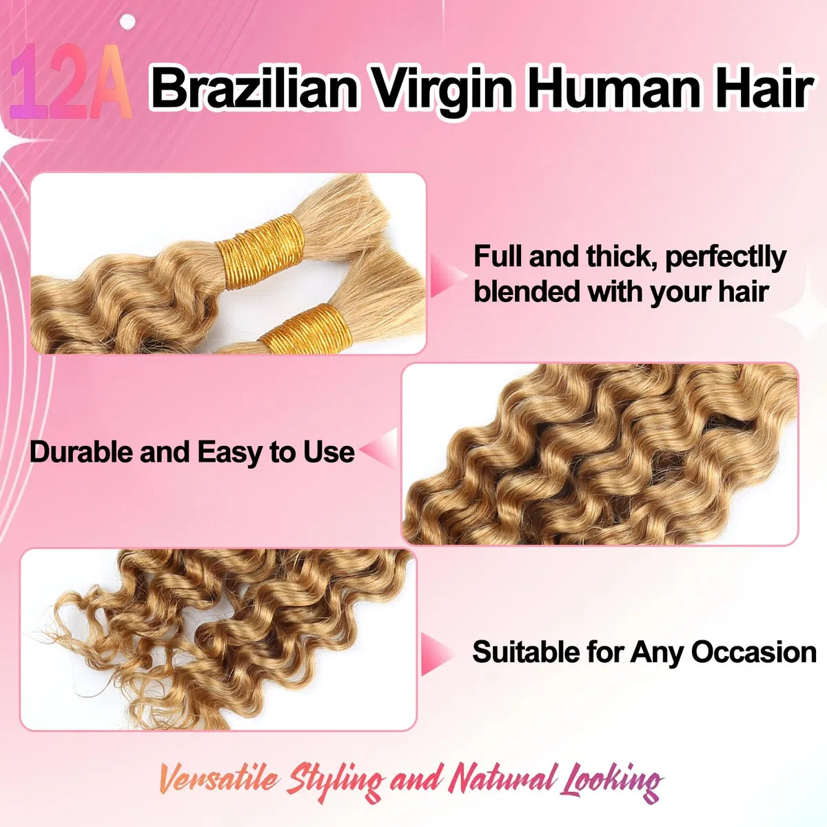 Lockiges Echthaar für Boho-Zöpfe 100g 45cm 2 Bündel Human Braiding Hair for Boho Braids Deep Wave Bulk Boho Hair for Braiding Knotless No Weft Bundles 18 Zoll Honey Blonde #27