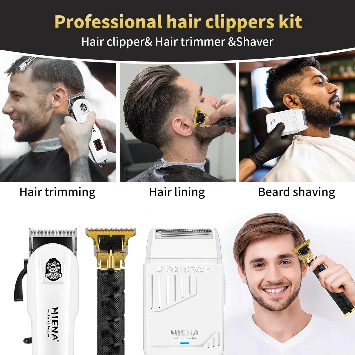 HIENA PRO Professionelles Haarschneidemaschine Set für Männer, wiederaufladbares Haarschneide-Set, elektrische Folienrasierer und Bartschneider, Barber Clippers mit LED-Anzeige, R-Typ verstellbare