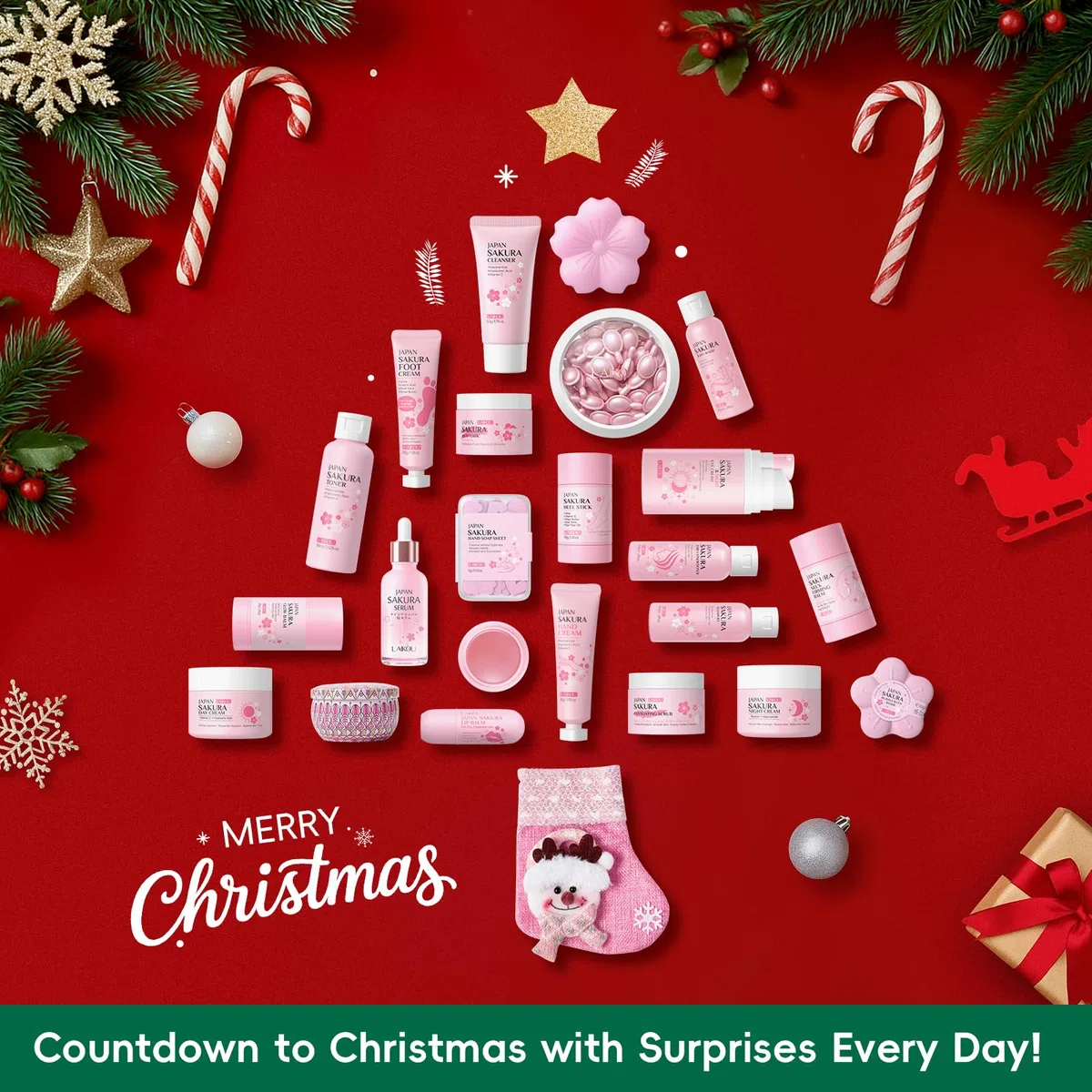 LAIKOU Beauty Adventskalender 2025 Frauen, 24-teiliges Sakura Gesichtspflege Set Damen, Weihnachtsgeschenk für Frauen Mädchen & Teenager