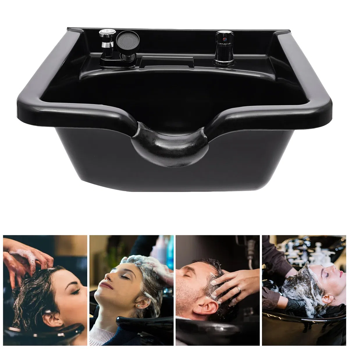 OUKANING Shampoo Becken groß ABS mit Nackenstütze und Wasserhahn 25cm tief, wandmontiertes Haarewaschbecken für Friseur Salons Zuhause, Liegendes Haarewaschen mit Warm/Kaltwasser, Schwarz