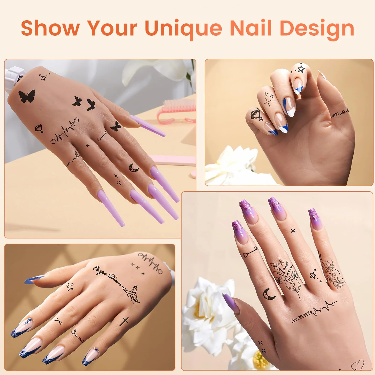 Deciniee Silikon Übungshand für Nageldesign: Flexibel Training Falsche Nägel Übungshand mit Stück Nagelspitzen/Nagel Pinsel/Nagelfeile- Nagelhandübungsmodell- Acryl Nagel-Set für Nagelmaniküre