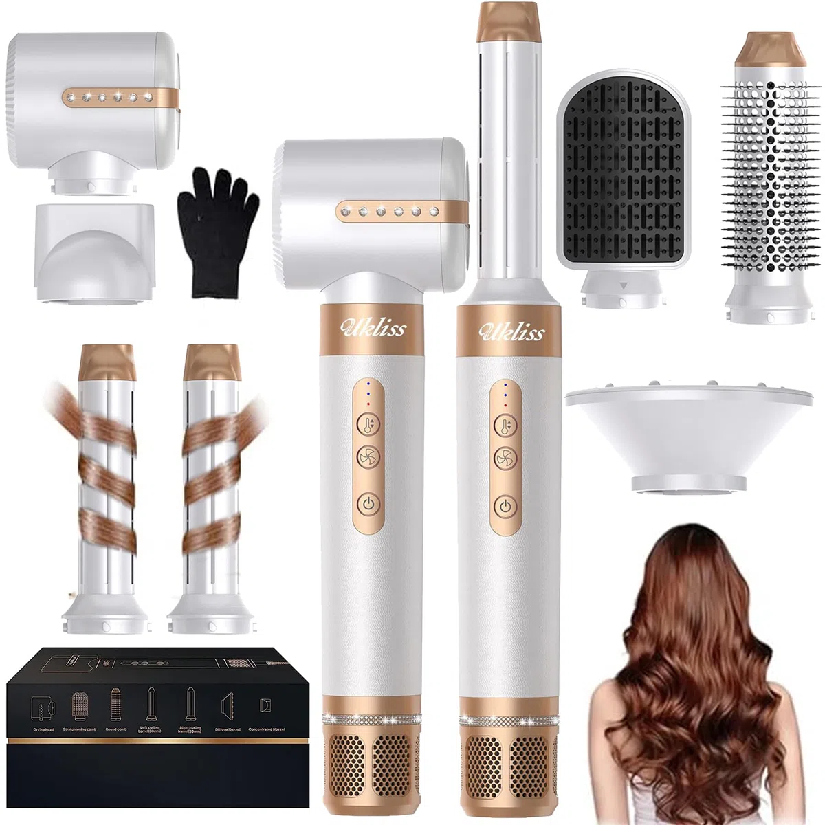 UKLISS 7 in 1 Hairstyler, Pro Haarstyler & Haartrockner Set mit Warmluft Lockenbürste, 1400W Hair Dryer, Rundbürstenföhn, Warmluftbürste, Haarföhn, Thermal Brush, Geschenke für Frauen Haarstyling