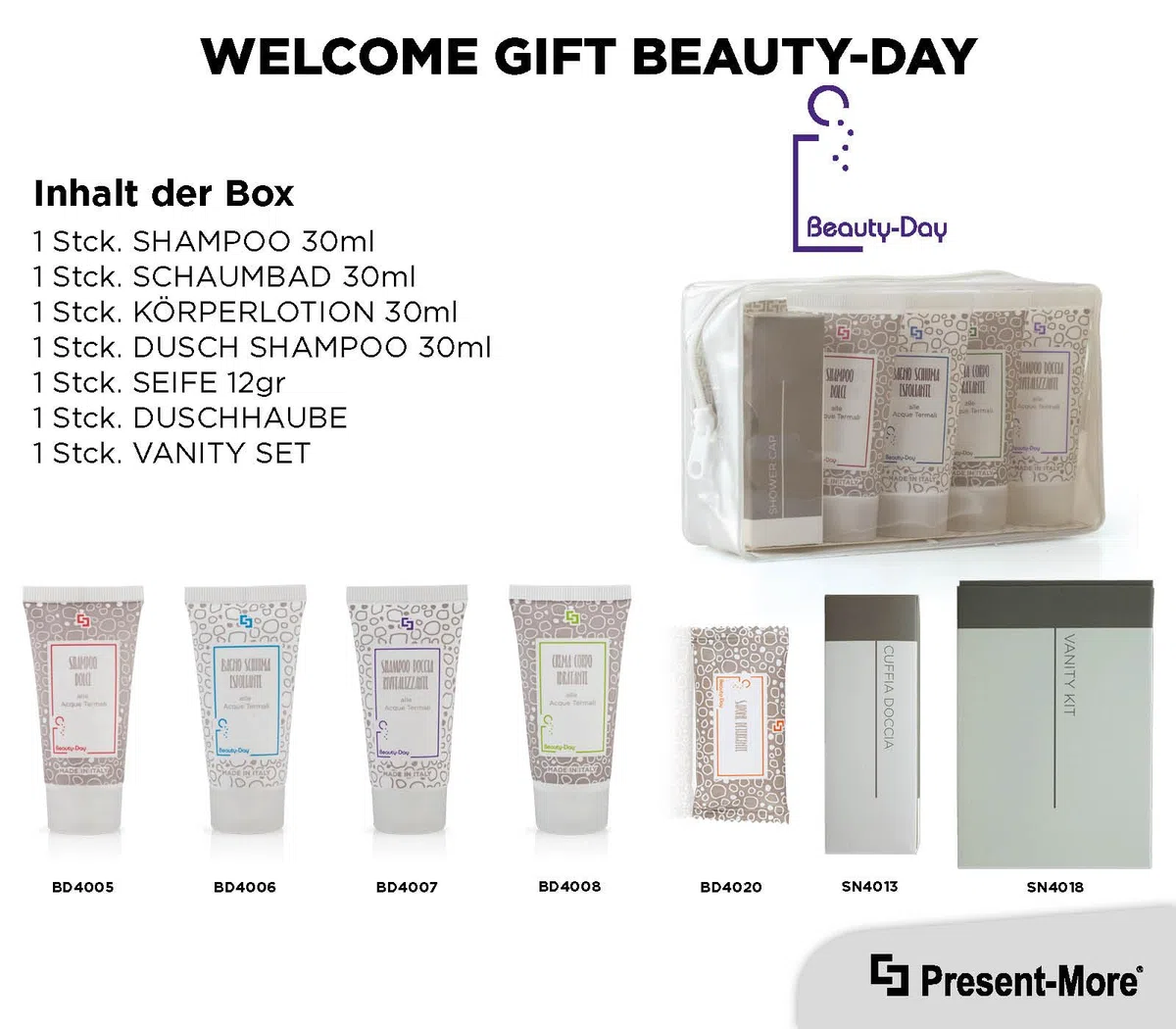 Present-More Amenities Kit Beauty-Day Italy - Welcome Gift Toilettenartikel 24 Gäste für Hotels und B&B | Allergenfreie Amenities Kit mit Duftnote Ylang Ylang