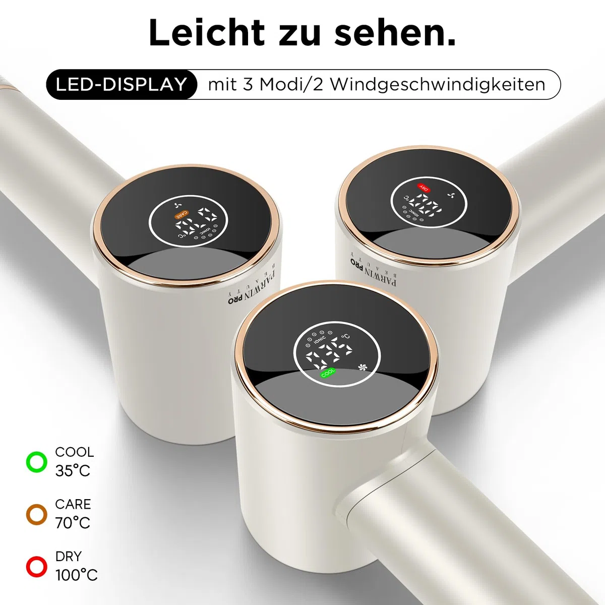 PARWIN PRO BEAUTY Air-Sonic Föhn, HD-LED Anzeige Fön, Haartrockner mit 110,000RPM Bürstenlosem Geräuscharm Motor, 2x 32mm Auto Wrap-Curler, 25M/S Luftstrom für Schnelle Trocknung （Champagne Silver）