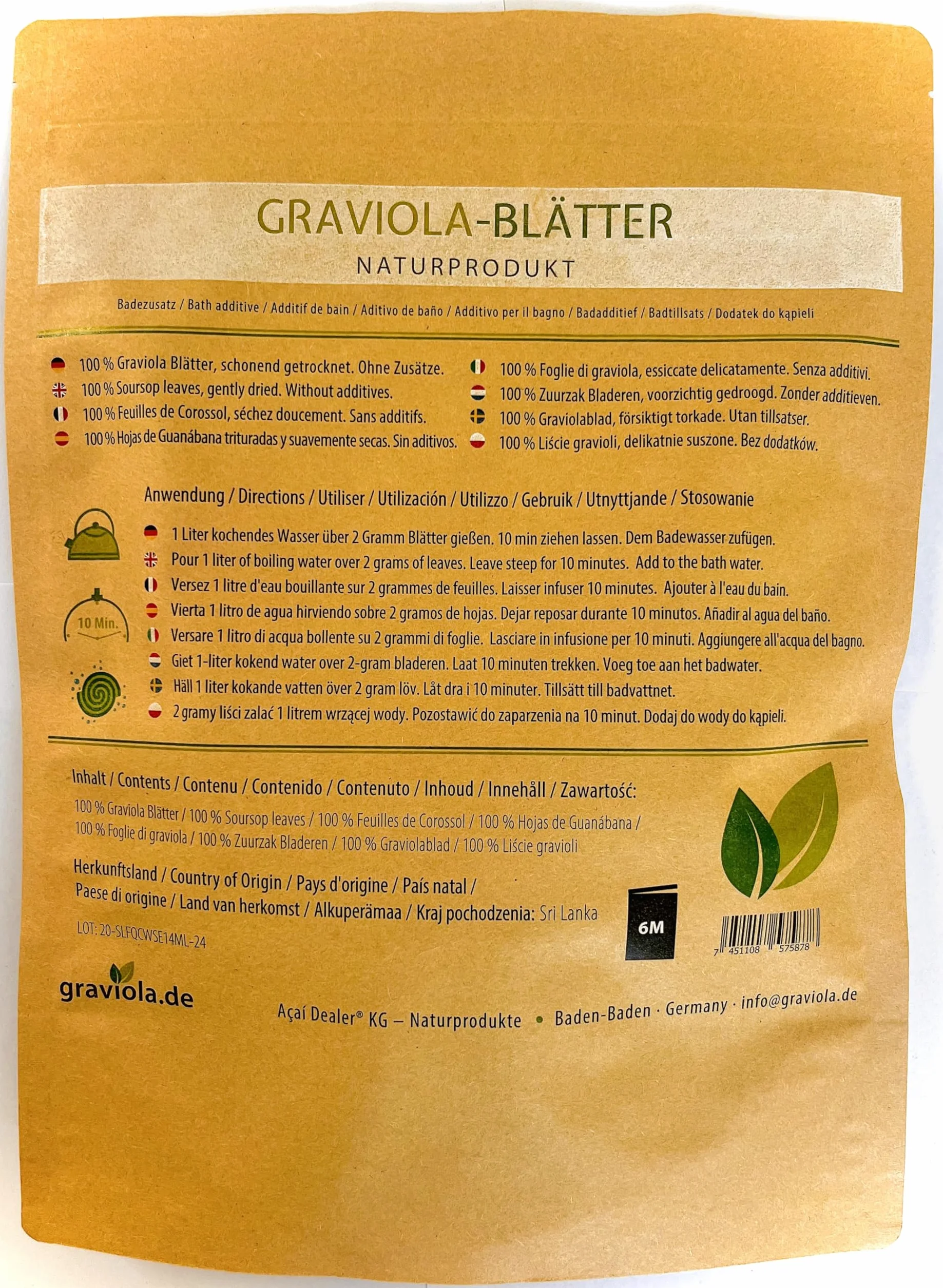 100g GRAVIOLA Blätter Premium Qualität, ohne Pestizide. NEUE ERNTE! Naturbelassen direkt vom deutschen Hersteller Graviola.de (Badezusatz)