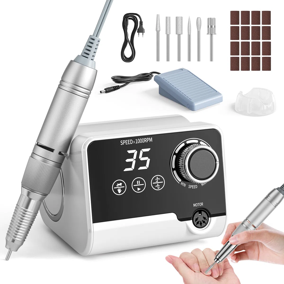 Professionelle Elektrische Nagelfräser, 35000 U/Min Maniküre Pediküre Set mit 6 Fräser, LED Display für Gelnägel und Acrylnägel, für den Heimgebrauch und Nagelstudios (Weiß)