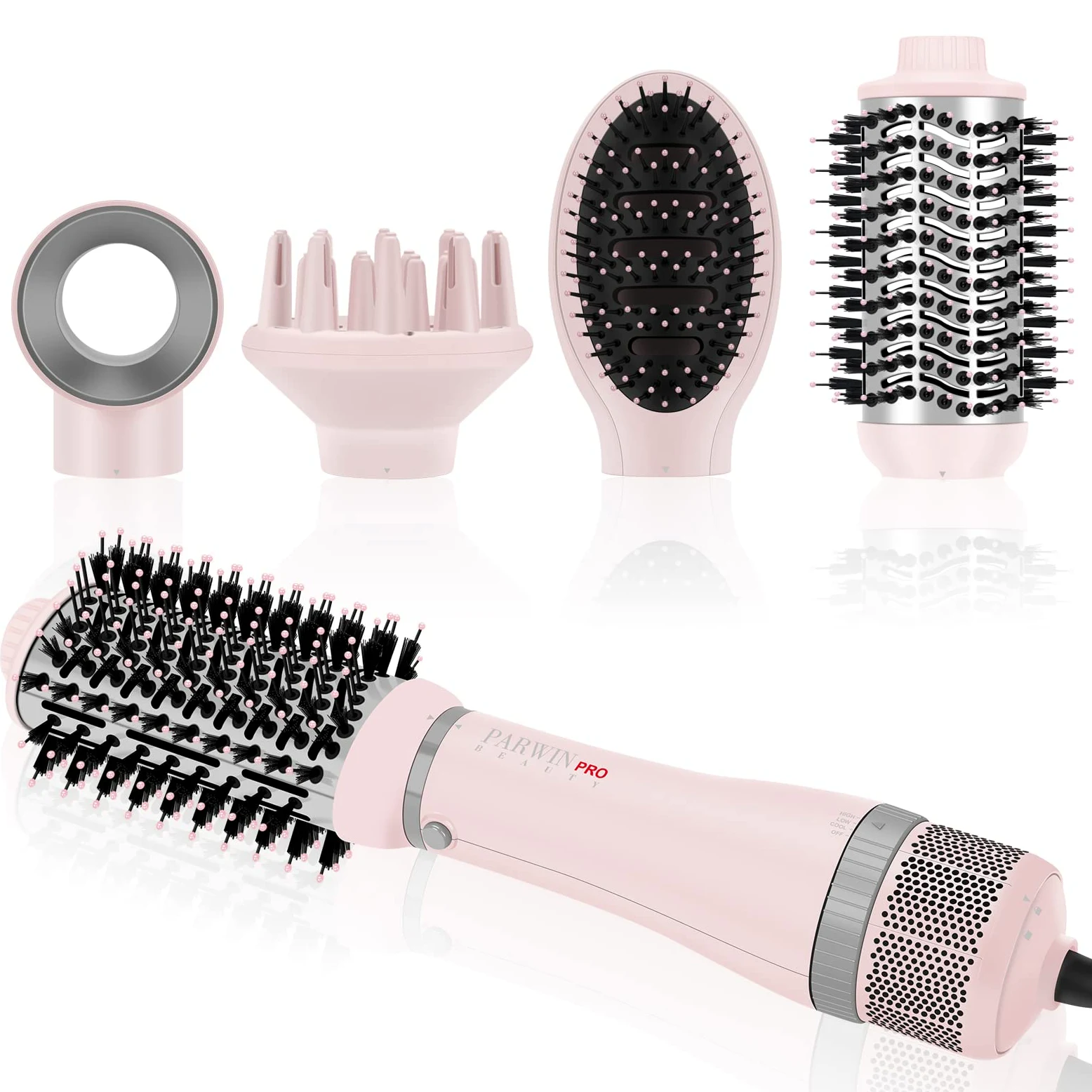 4 IN 1 Haartrockner Warmluftbürste Set, PARWIN PRO BEAUTY Styler-Set, Föhnbürste Lockenbürste mit 4 Aufsätze zum Trocknen, Glätten, Volumen und Stylen, Ionen Pflege, Geschenke machen(Rosa)