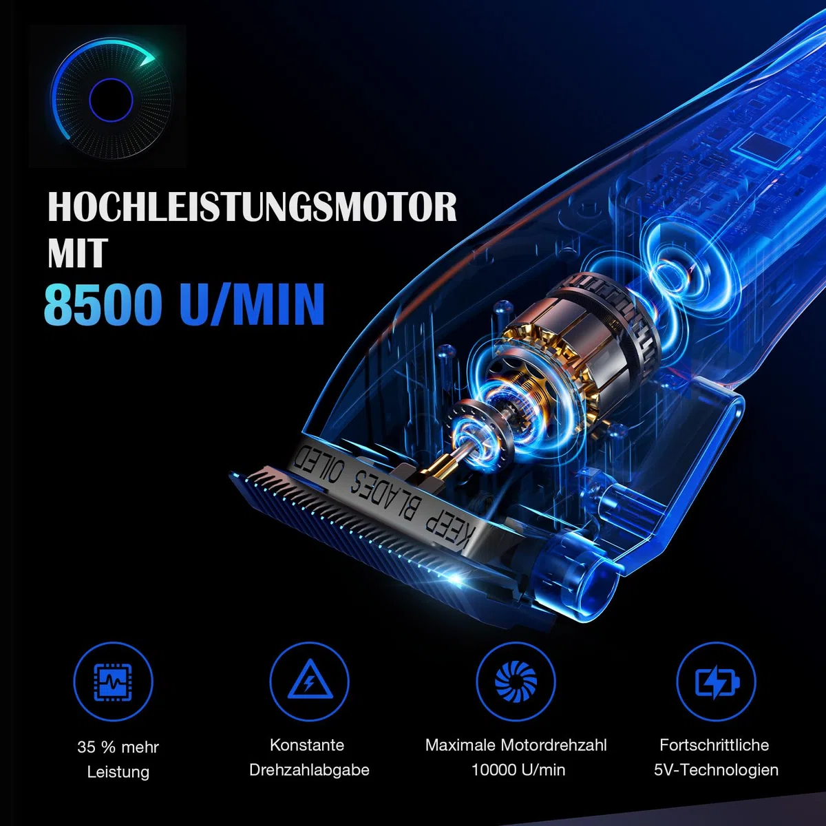 SUPRENT Haarschneidemaschine Herren Profi Titanbeschichtete Fade-Klinge Einstellbares Zero-Gap T-Blade 5 Längenstufen 2500mAh Akku Typ-C Ladestation