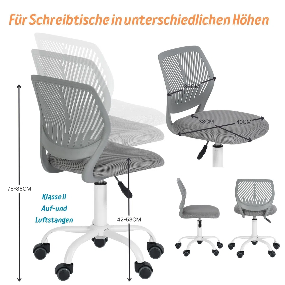 FurnitureR Friseurstuhl ergonomischer Drehstuhl ohne Armlehnen, höhenverstellbar, Netzrückenlehne, Metallfuß mit Rollen, 38x40cm Sitz, 130kg, Dunkelgrau