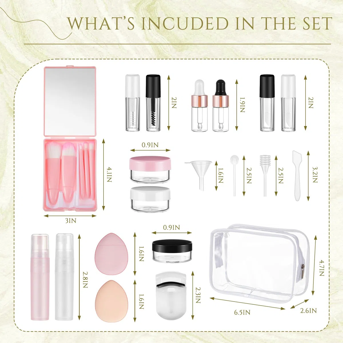 Maxdot 20 Stück Reise-Make-up-Behälter-Set, Mini-Make-up-Pinsel, leere Flaschen mit Finger-Puff-Spateln, auslaufsicher, nachfüllbar, Kosmetikzubehör für flüssige Toilettenartikel, Hautpflege, Shampoo,