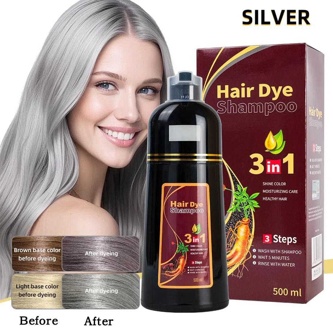 Haarfärbeshampoo, Grauabdeckung, einfach anzuwendende Haarfarbe, langanhaltende Haarfarbe, mit Ginseng und Kräuteressenzen, für Frauen und Männer, 9 Trendfarben, für alle Haartypen (Sliver)