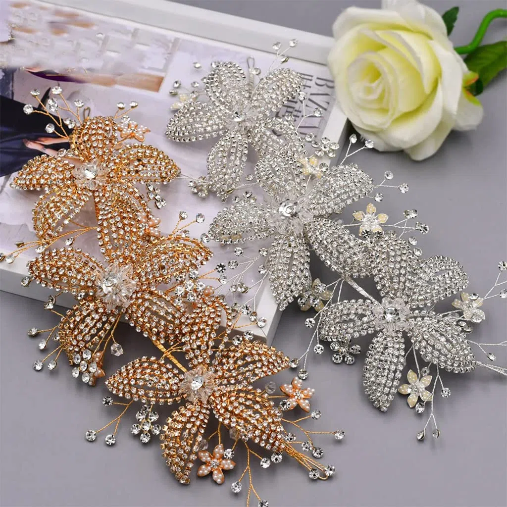 Blumenzweig Braut Hochzeit Stirnbänder Silber Gold Kristall Braut Kopfschmuck Strass Haarrebe für Damen und Mädchen