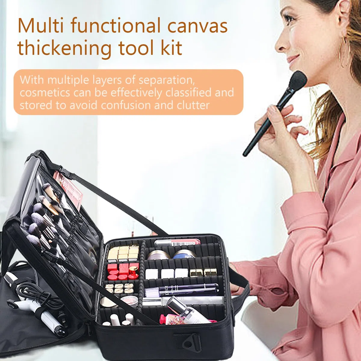 Make up Tasche, tragbares Kosmetik Organizer Etui mit verstellbaren Trennwänden, Oxford Stoff, Pinsel Aufbewahrung, Make up Aufbewahrungstasche