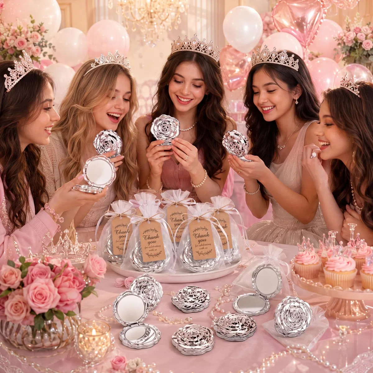 Woanger Quinceanera Taschenspiegel-Set, 36 Stück, süß, 16 Gastgeschenke, Spiegel, Dankeschön-Etiketten, weißer Organza-Beutel für Brautparty, Hochzeit, Junggesellinnenabschied, Souvenir, Gastgeschenk