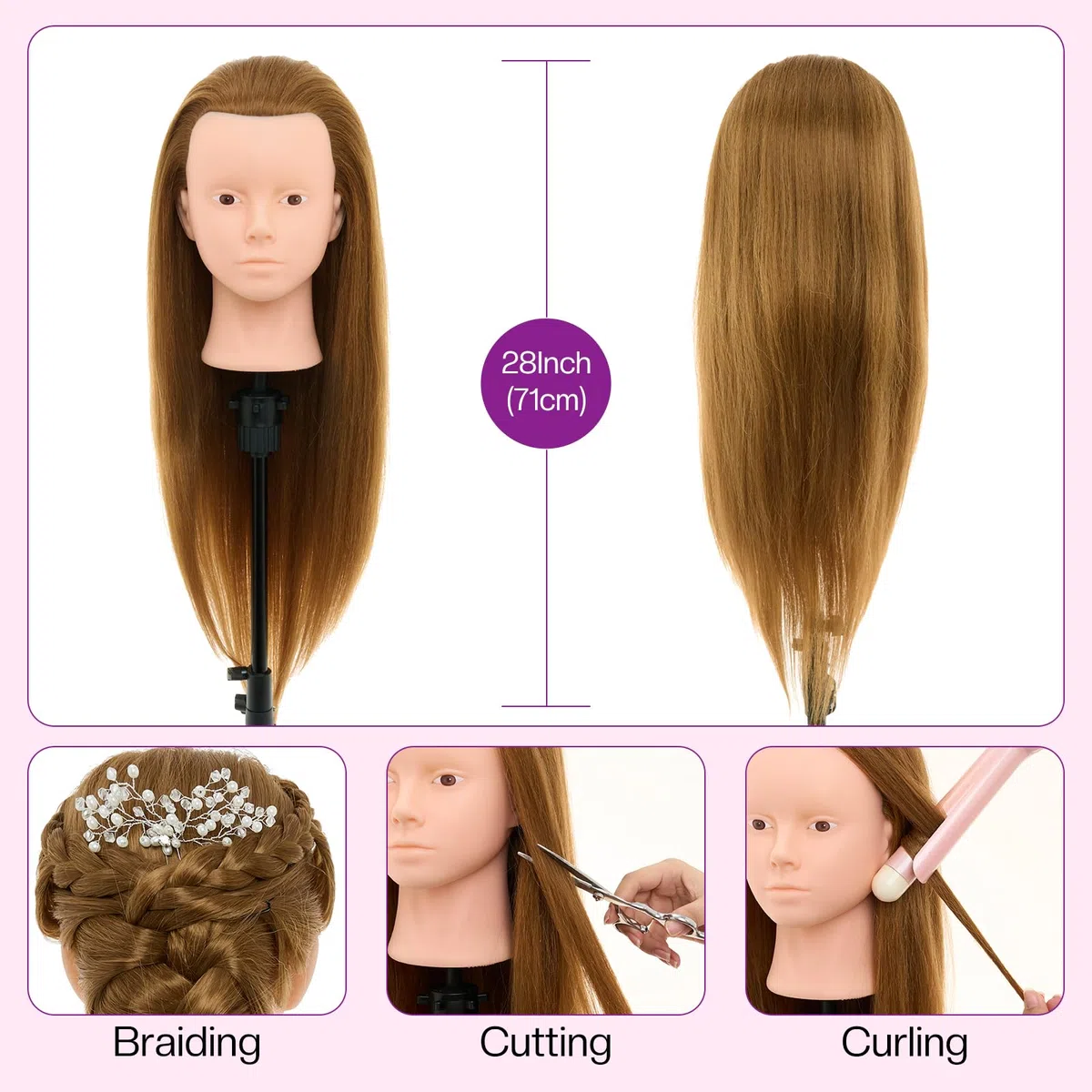 Neverland Schminkkopf Frisierkopf mit Übungskopf Ständer, 71cm 60% Echthaar Puppenkopf zum Frisieren, Trainingsköpfe für Friseure Ausbildung Kopf mit Tischklemme, Wimpern und Haare Zubehör(Gold)