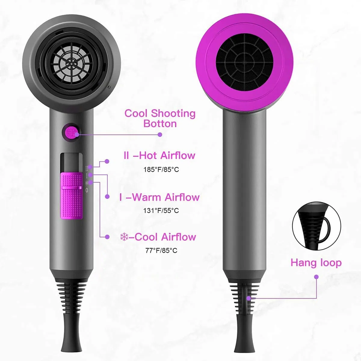 Ionen Föhn AC Motor 1800W Haartrockner, slopehill Schnelltrocknen Hair Dryer, Salon Haarfön mit Heiß-/Kalttaste, 3 Fön Concentrators and Diffuser, 3 Temperatureinstellungen, 2-Gang（Violett）