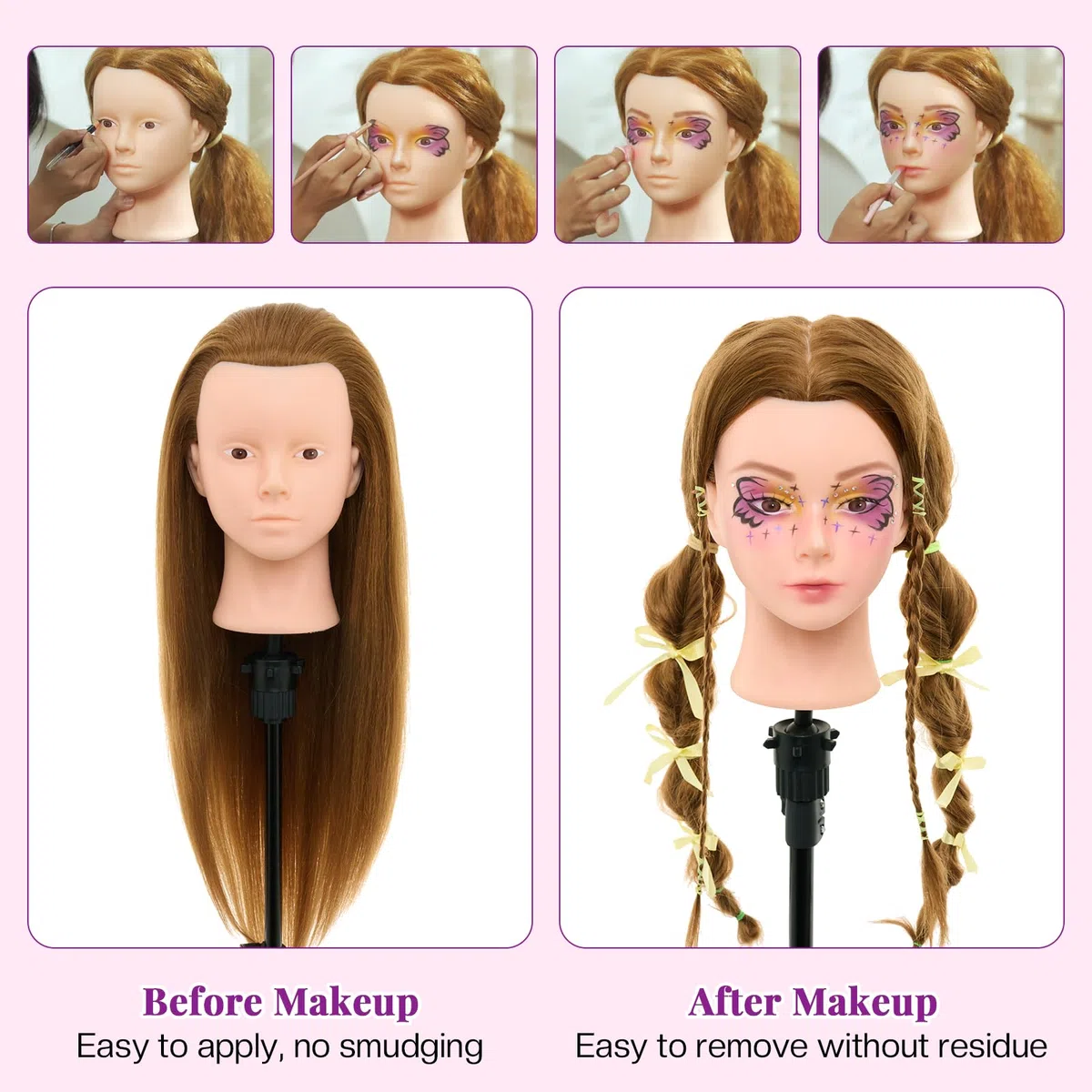 Neverland Schminkkopf Frisierkopf mit Übungskopf Ständer, 71cm 60% Echthaar Puppenkopf zum Frisieren, Trainingsköpfe für Friseure Ausbildung Kopf mit Tischklemme, Wimpern und Haare Zubehör(Gold)