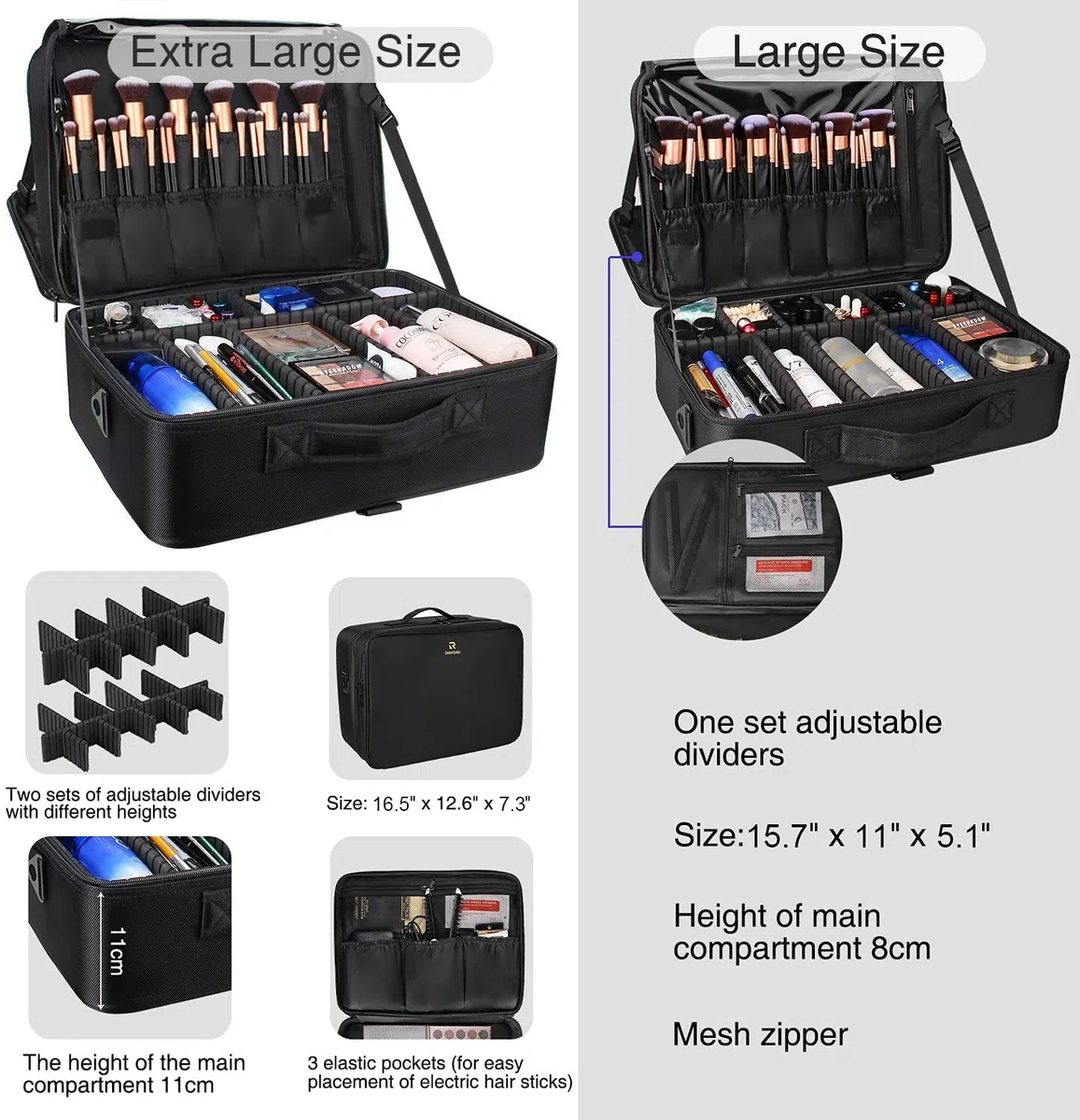 Relavel Extra Groß Make-up-Koffer, Professionelle Make-up-Tasche für Reisen & Visagisten, Tragbare Nagel-Kosmetikbox mit verstellbaren Fächern, Trolley-Anschluss & Schultergurt (Schwarz)
