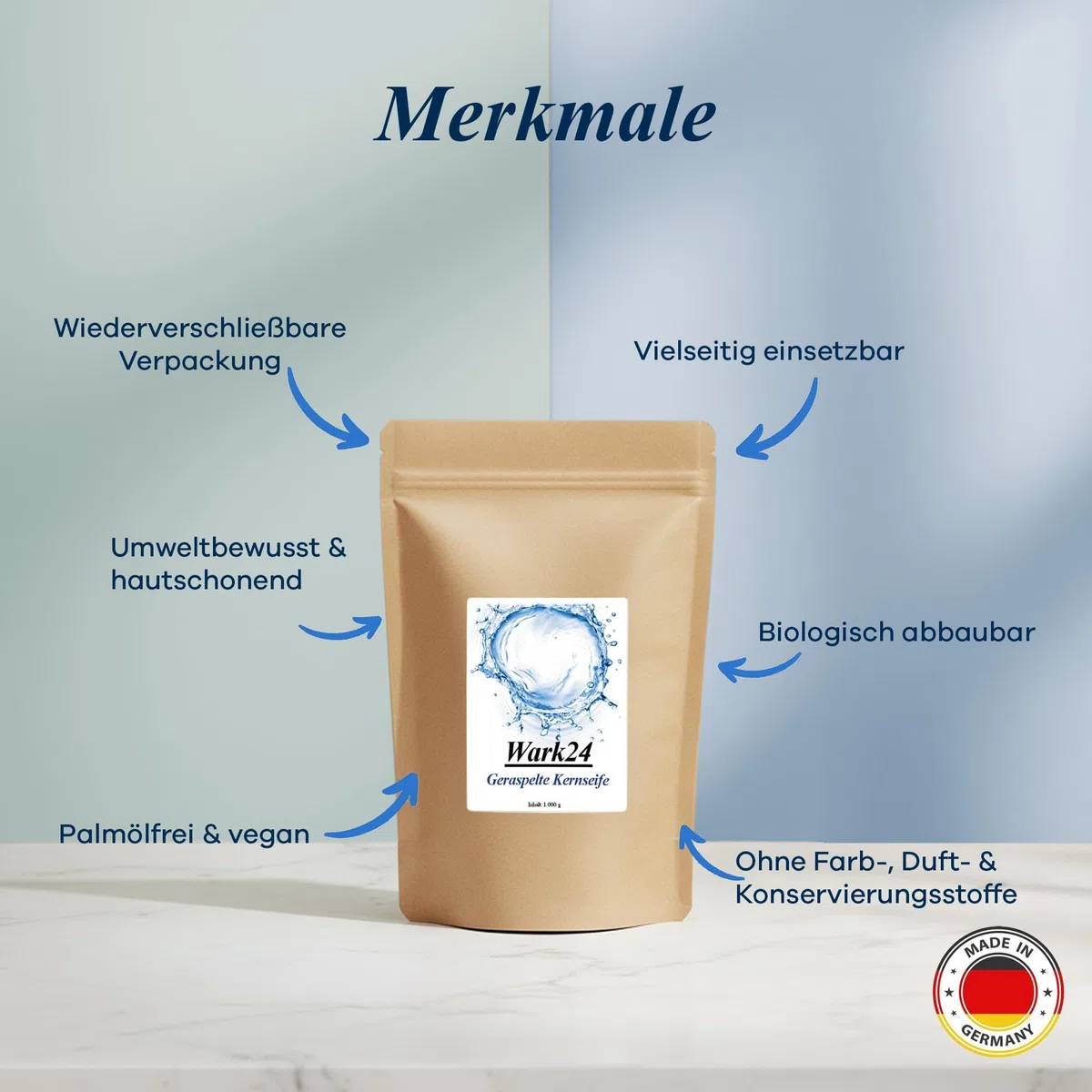 Kernseife geraspelt 6 x 1kg im Beutel, Seifenflocken ohne Palmöl, Farb- und Konservierungsstoffe, umweltfreundliche Seife für empfindliche Haut