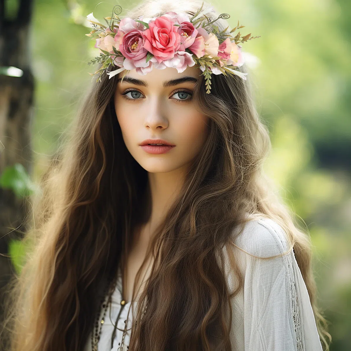 Blumenkrone für Damen, Boho-Stil, Blumenkranz, Blumenkranz, Halo-Kopfschmuck mit Band, Hochzeit, Party, Fotos, rosig