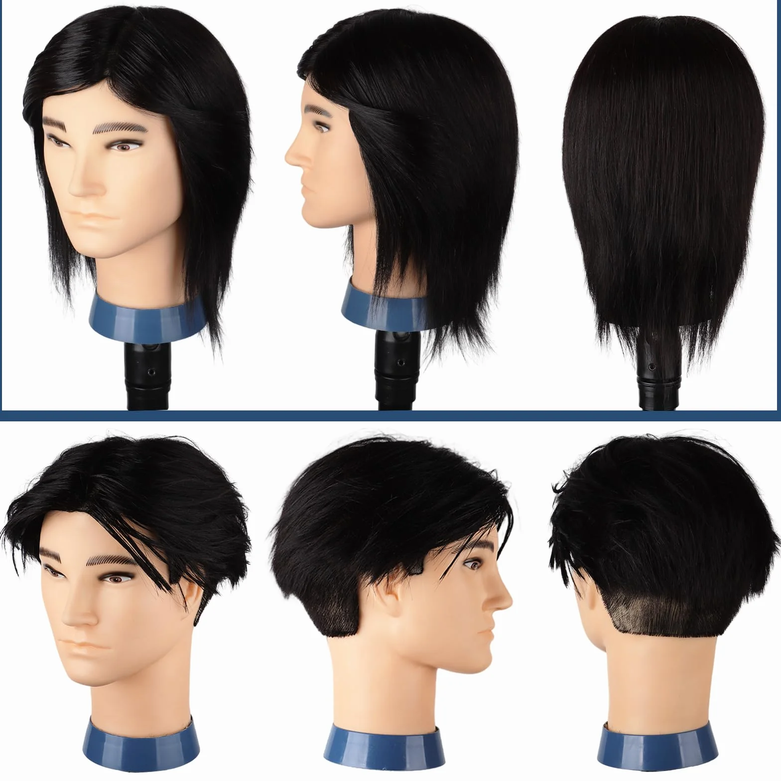 Mann Frisierkopf 100% Echthaar, Frisurenkopf Männlicher Haarschnitt Übungskopf mit Haar, Friseur Kopf Mannequin Head Puppenkopf mit Tischklemme (Schwarz, 35 cm)