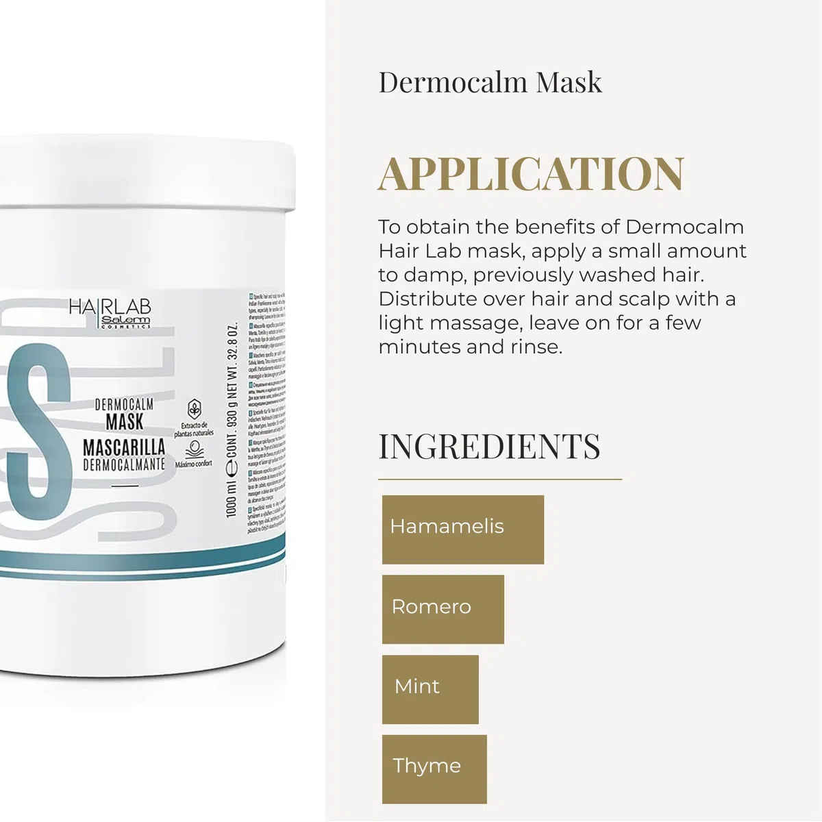 SALERM Dermocalm Hair Lab Dermocalm Haarmaske, 1000 ml, mit Hamamelis, Rosmarin, Minze und Thymian, sanfte Reinigung, beruhigt und ausgleichend, empfindliche Kopfhaut, ohne Parabene