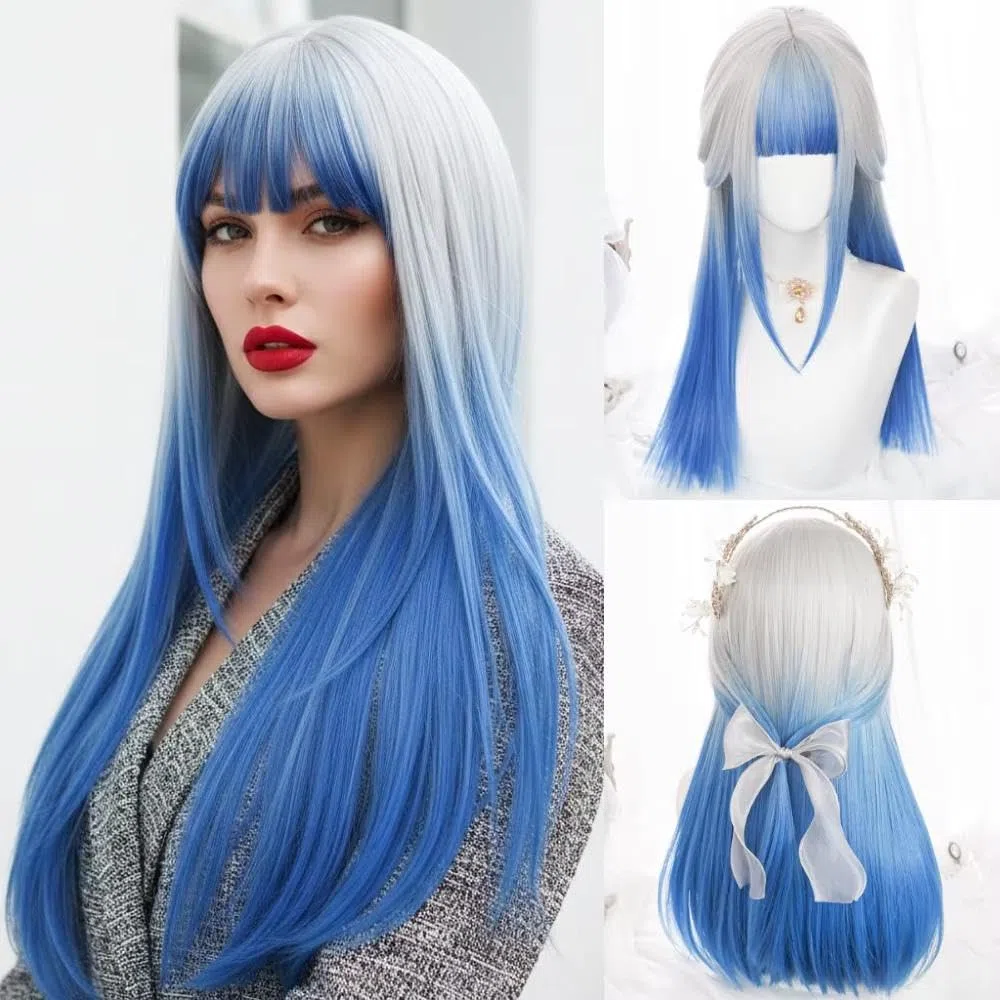 Haarpflege Hitzebeständige Blaue Lange Gerade Damenperücke Mit Pony Für Die Tägliche Cosplay-Party