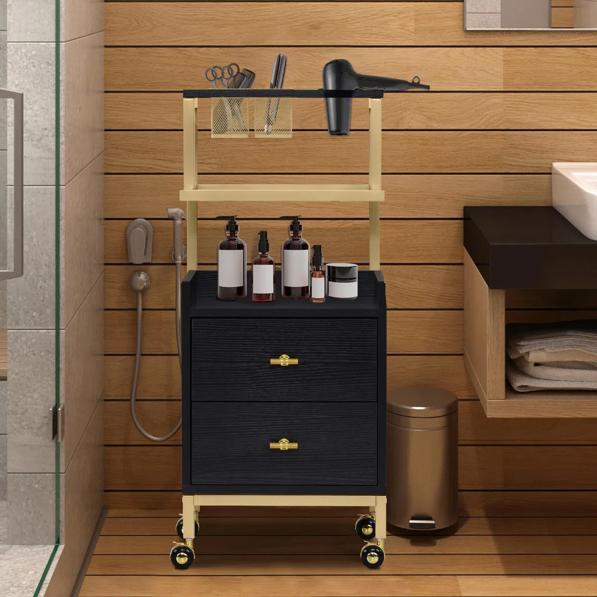 Barberpub Friseurwagen mit Rollen & 2 Schubladen, Salon Trolley mit 2 Ablagen & Föhnhalter, 32x37x87cm, Schwarz-Gold