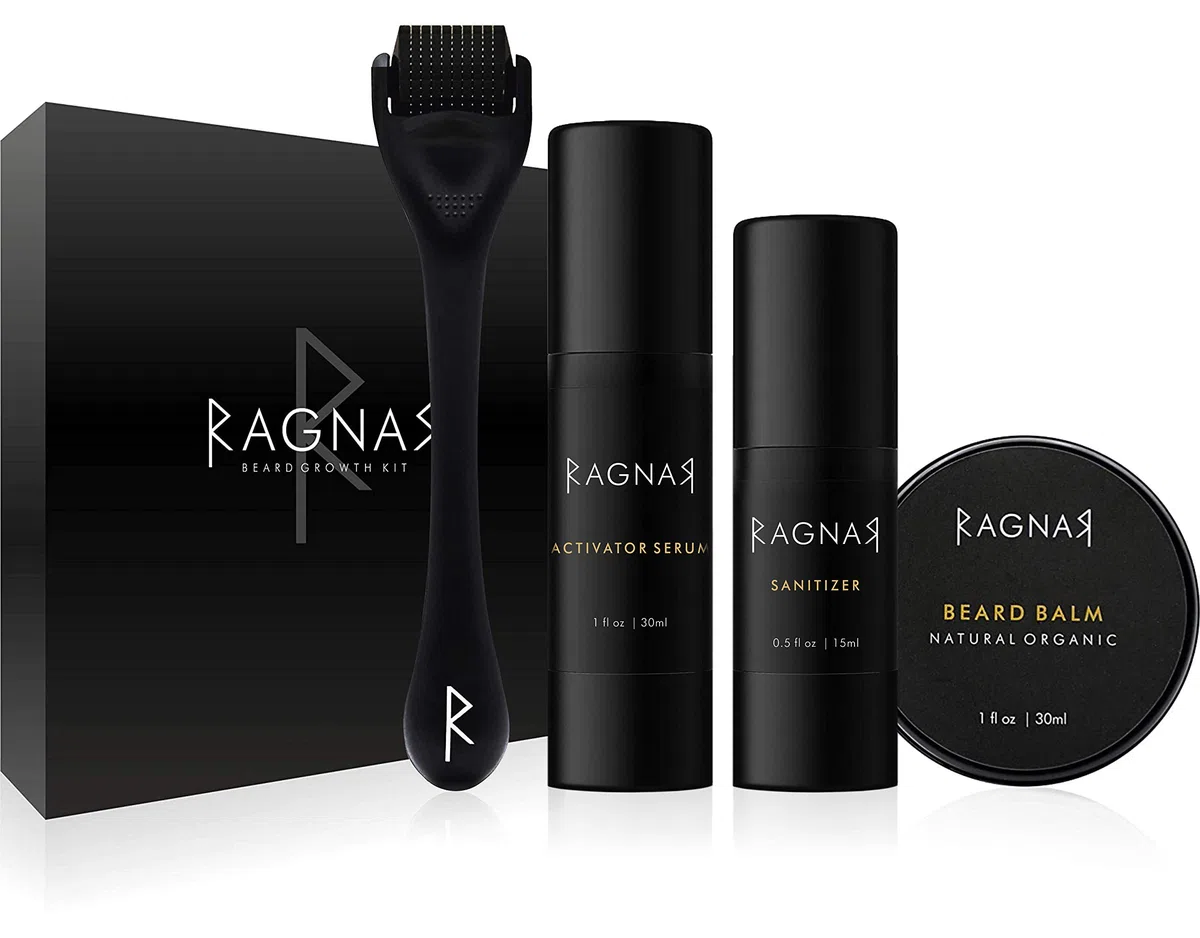 RAGNAR - Bart Set | Bartwuchsmittel für Männer | Bartwuchs fördern | Bartlücken schließen | Bartwachstumsserum | Bartroller + Gratis Bartbalsam/Bartwachs