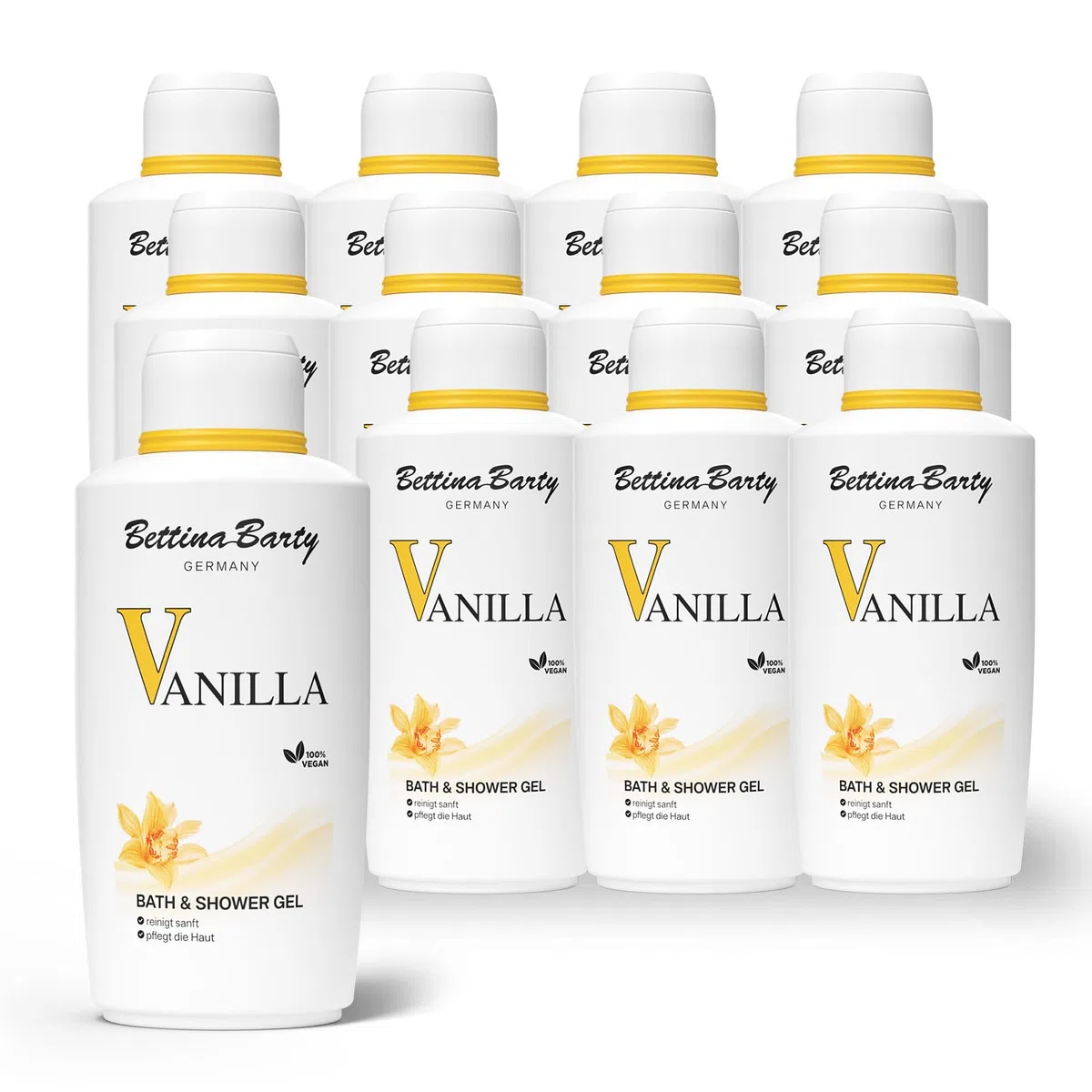 Bettina Barty Vanilla Bath & Shower Gel 12 x 500 ml – Duschgel mit Vanilleduft – Sanfte Reinigung & Feuchtigkeitsspendende Pflege für alle Hauttypen - Geschenk-Idee zu Ostern